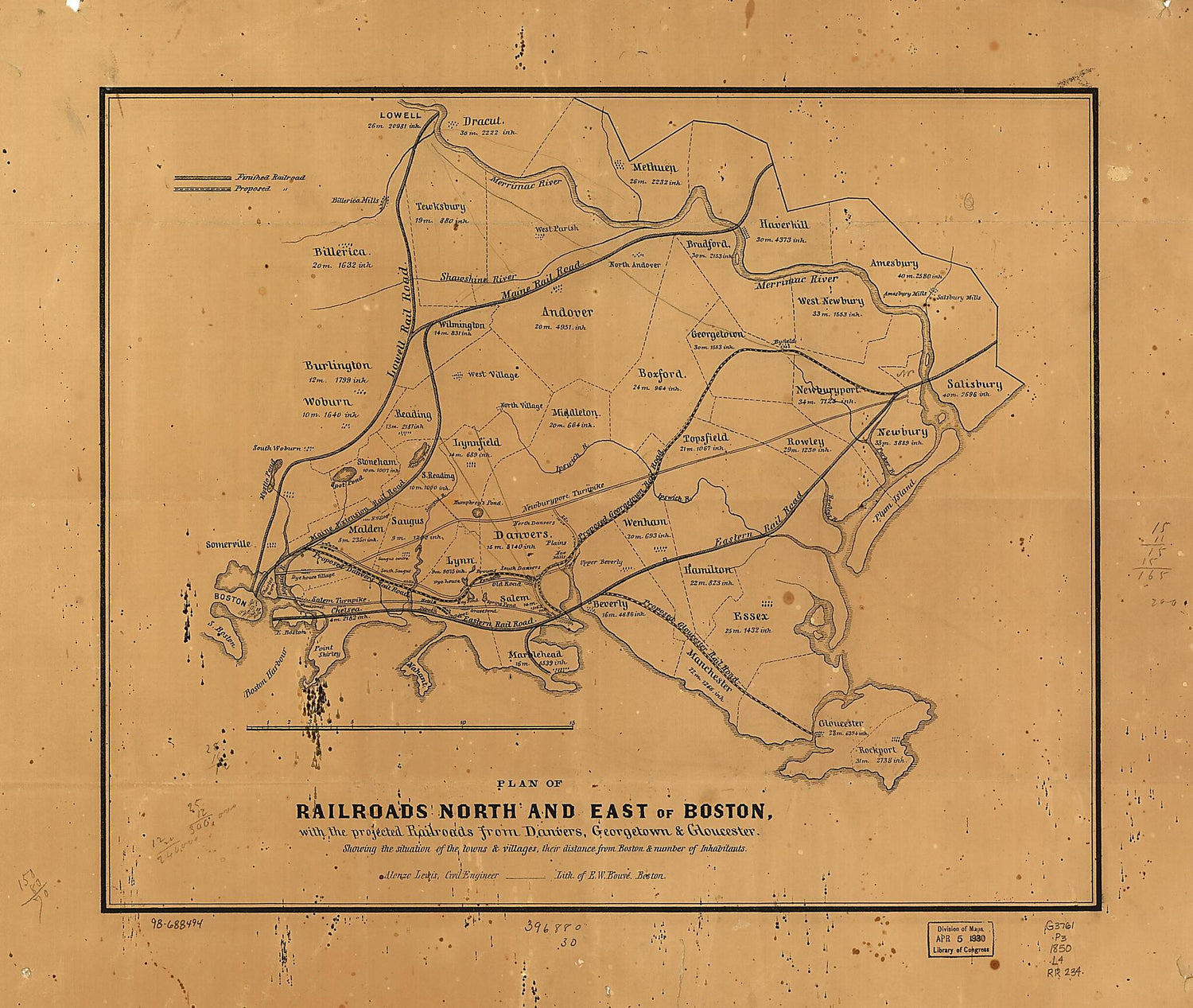 This old map of Plan of Railroads North and East of Boston, With the Projected Railroads from Danvers, Georgetown &amp; Gloucester; Showing the Situation of the Towns &amp; Villages, Their Distance from Boston &amp; Number of Inhabitants from 1850 was created by Alo