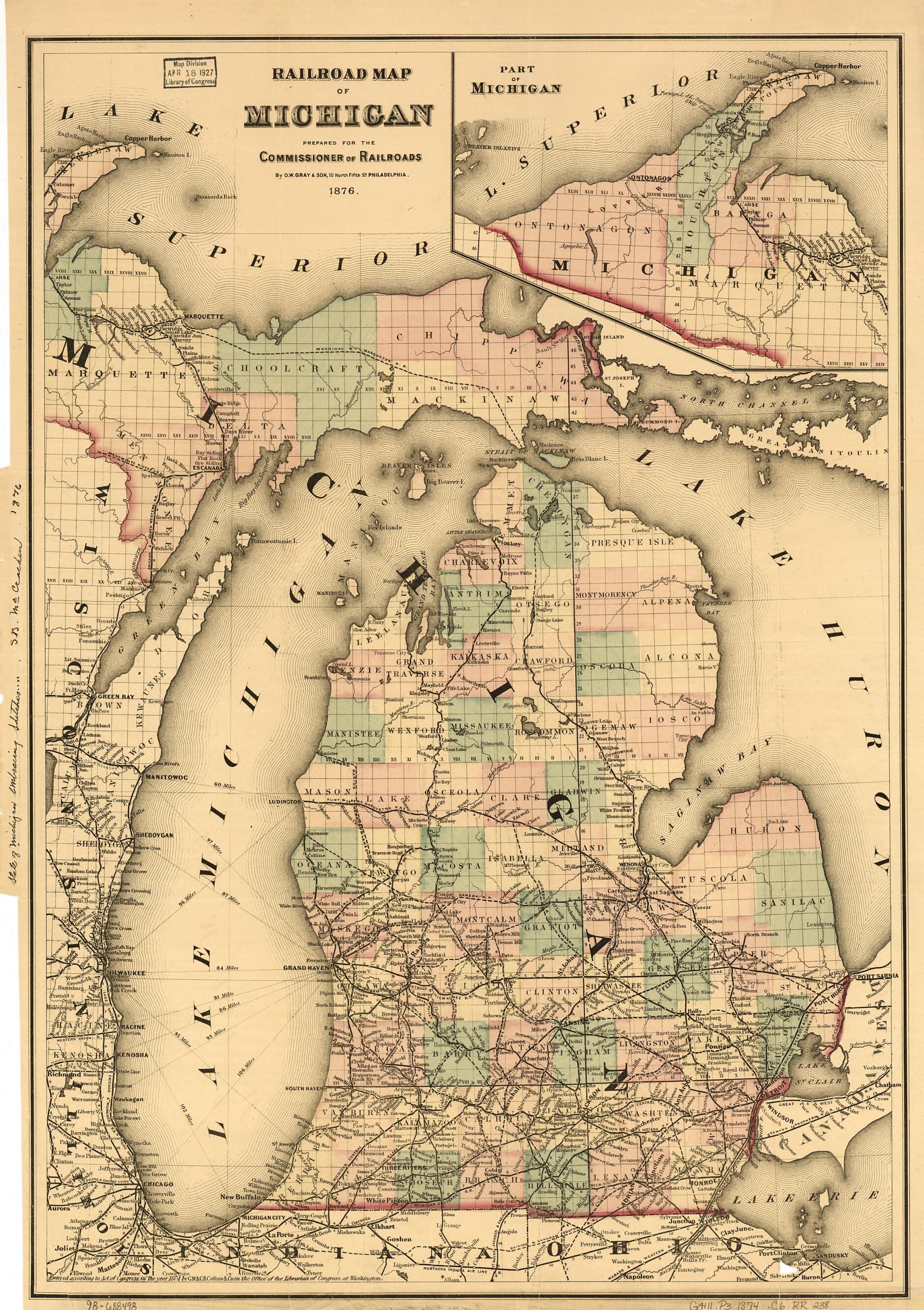 This old map of Railroad Map of Michigan Prepared for the Commissioner of Railroads from 1876 was created by  G.W. &amp; C.B. Colton &amp; Co in 1876