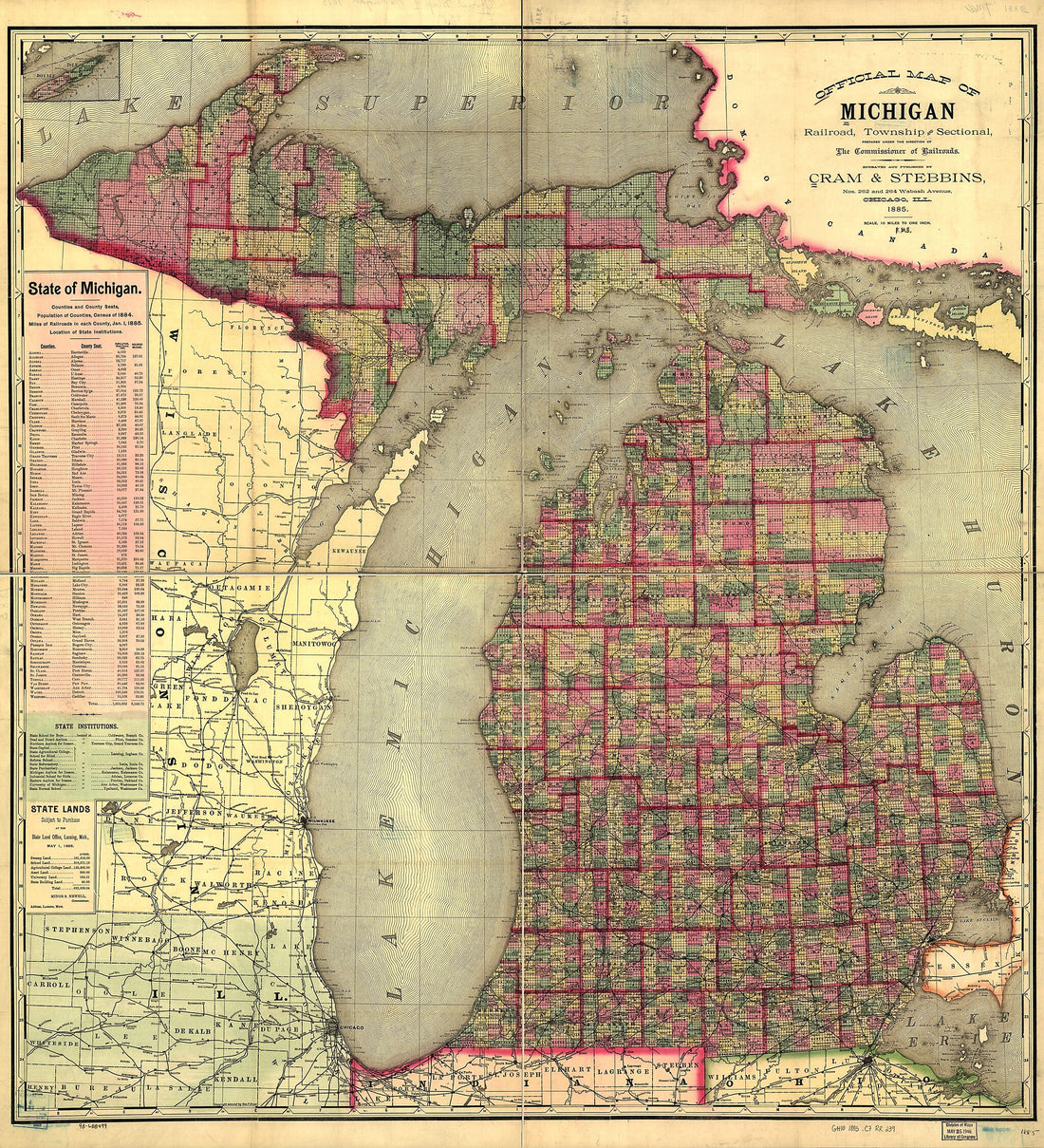 This old map of Official Map of Michigan, Railroad, Township and Sectional, Prepared Under the Direction of the Commissioner of Railroads from 1885 was created by  Cram &amp; Stebbins in 1885