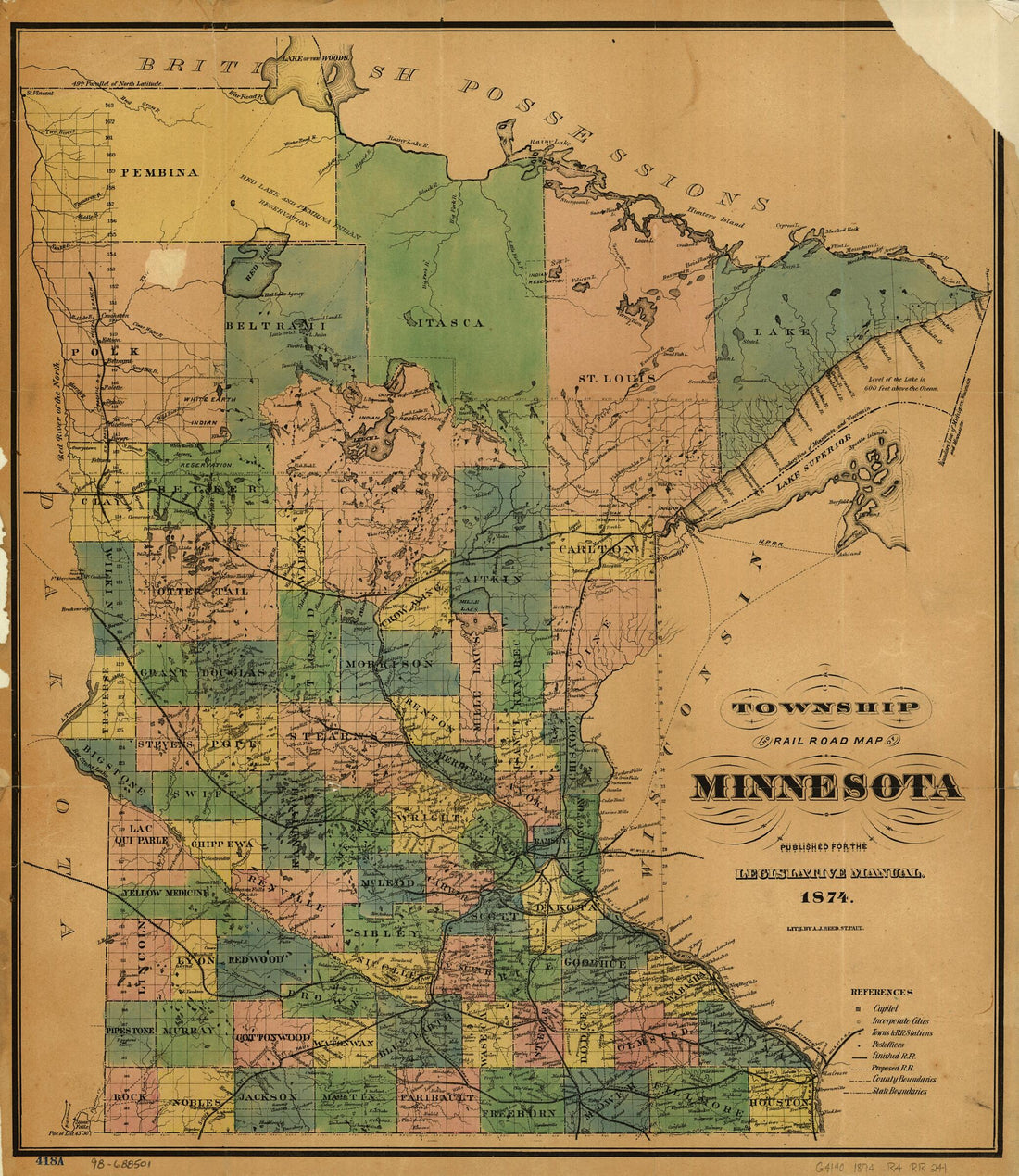 This old map of Township and Railroad Map of Minnesota Published for the Legislative Manual, from 1874 was created by A. J. Reed in 1874