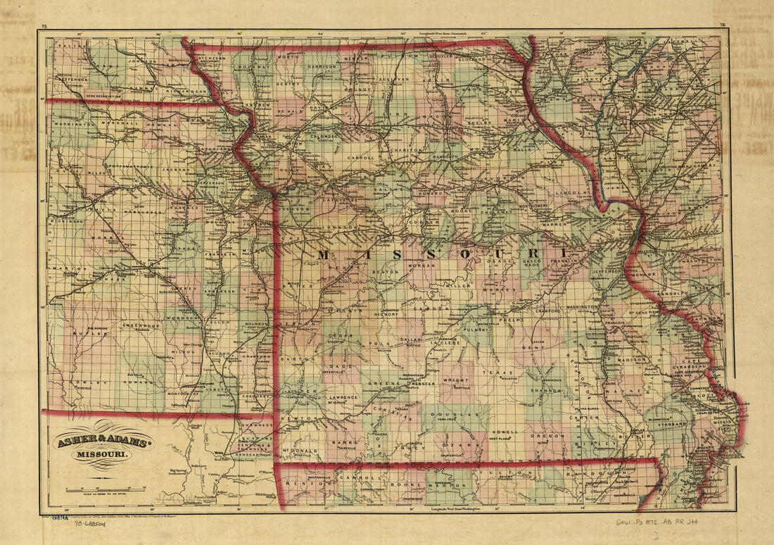 This old map of New Commercial and Topographical Rail Road Map &amp; Guide of Missouri from 1872 was created by  Asher &amp; Adams in 1872