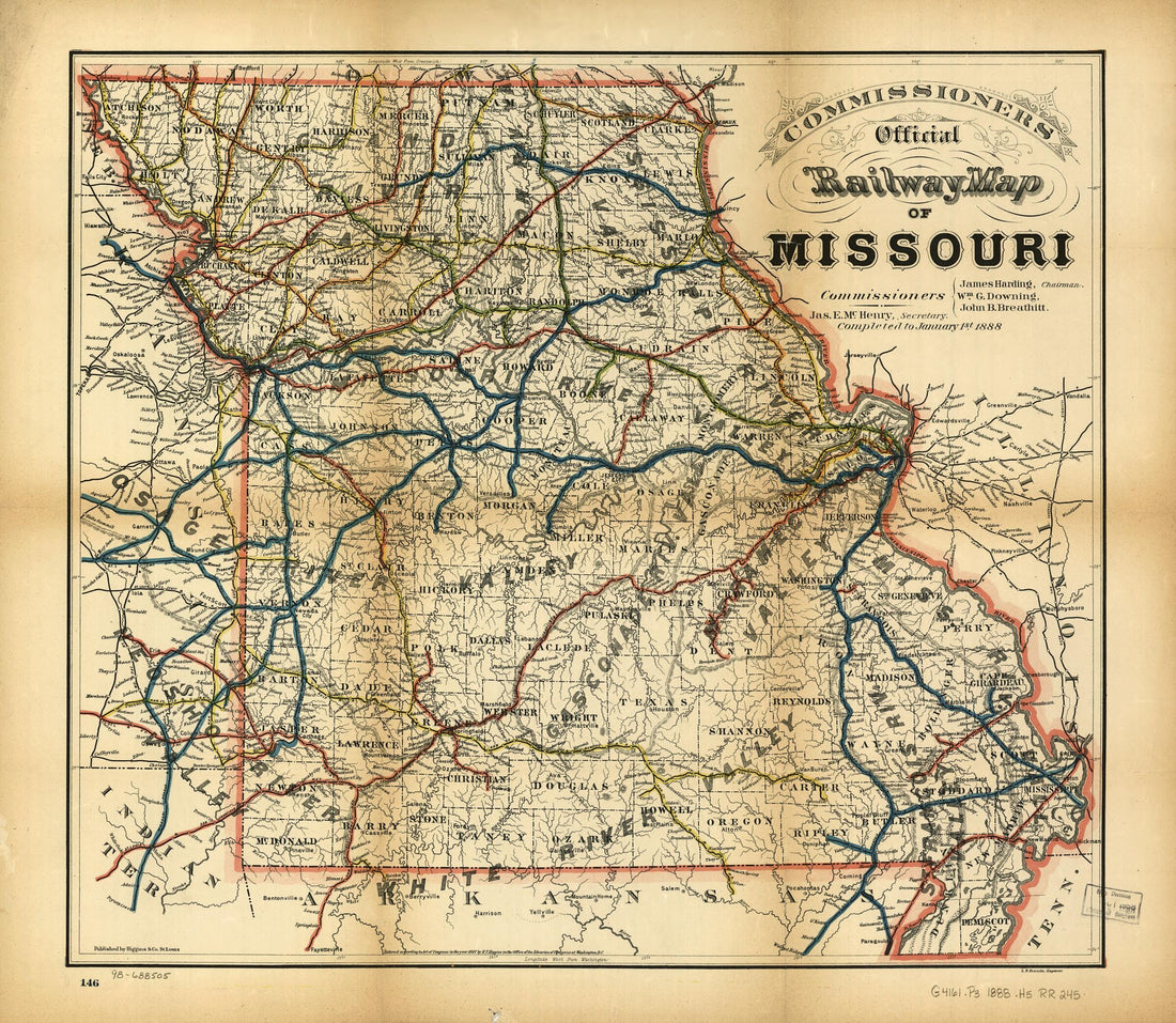 This old map of Commissioners Official Railway Map of Missouri. Completed to January 1st from 1888. Copyright 1887 by R. T. Higgins was created by  Higgins &amp; Co in 1888