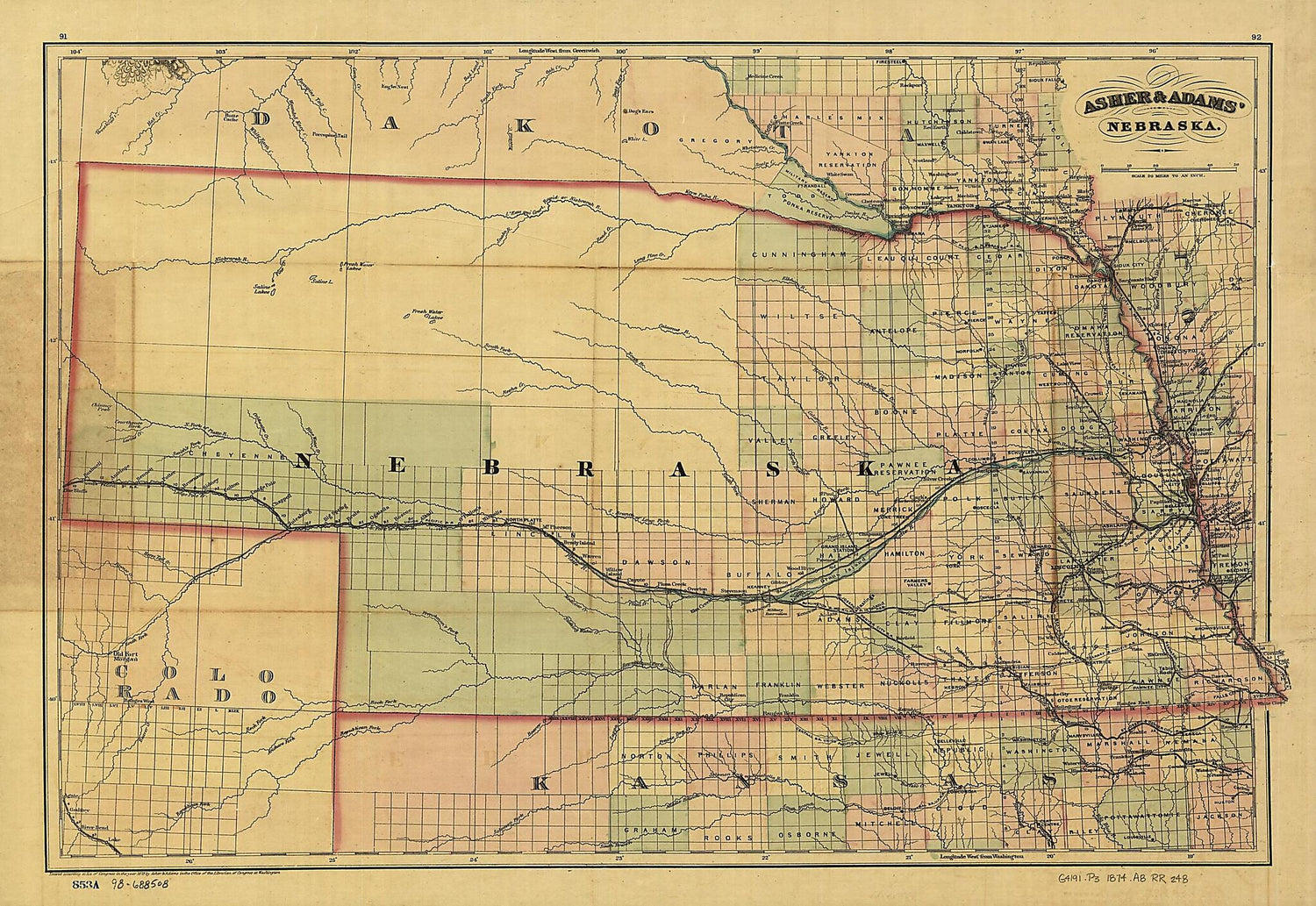 This old map of New Commercial and Topographical Rail Road Map &amp; Guide of Nebraska from 1874 was created by  Asher &amp; Adams in 1874