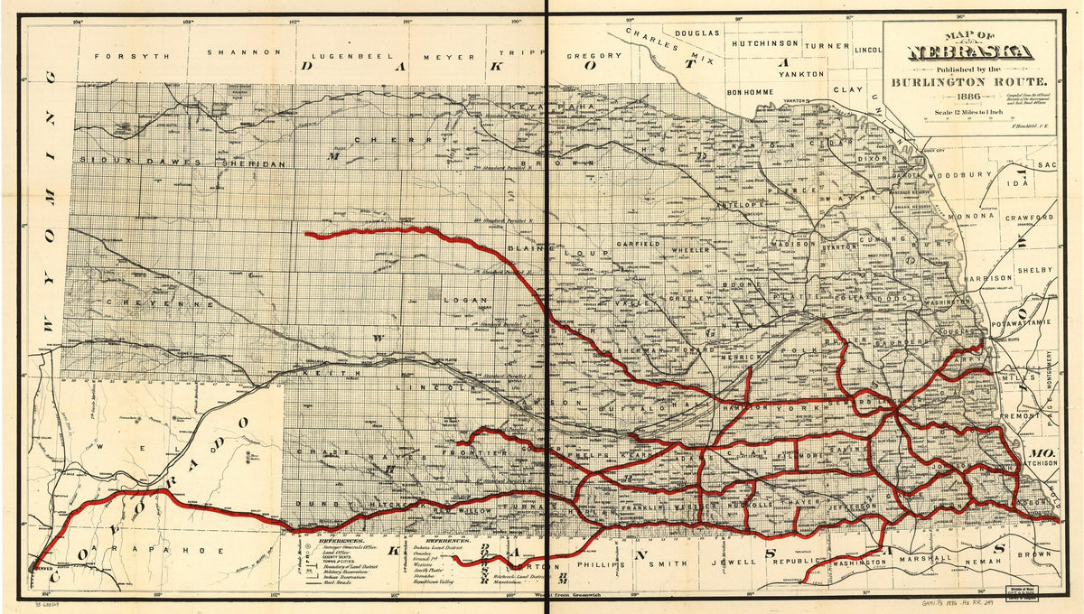 Map of Nebraska Published by the Burlington Route 1886, Compiled from the Official Records of the Government and Rail Road Offices by Relic Map Company