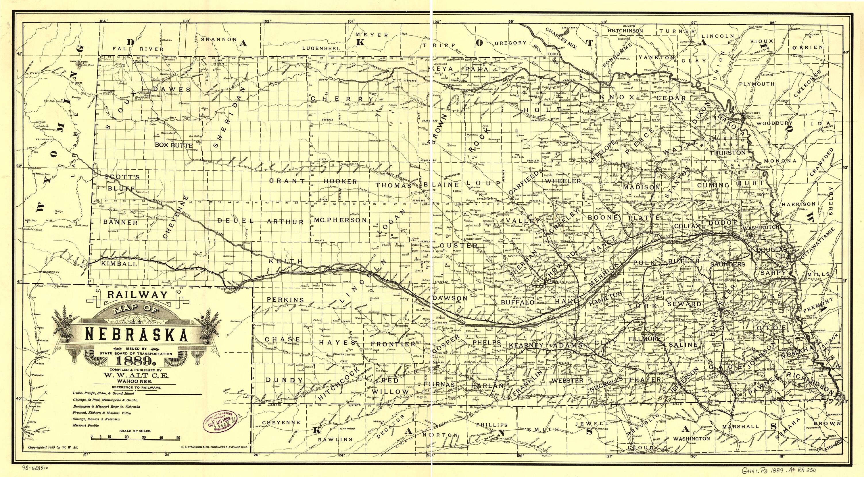 This old map of Railway Map of Nebraska Issued by State Board of Transportation from 1889 was created by W. W. Alt in 1889