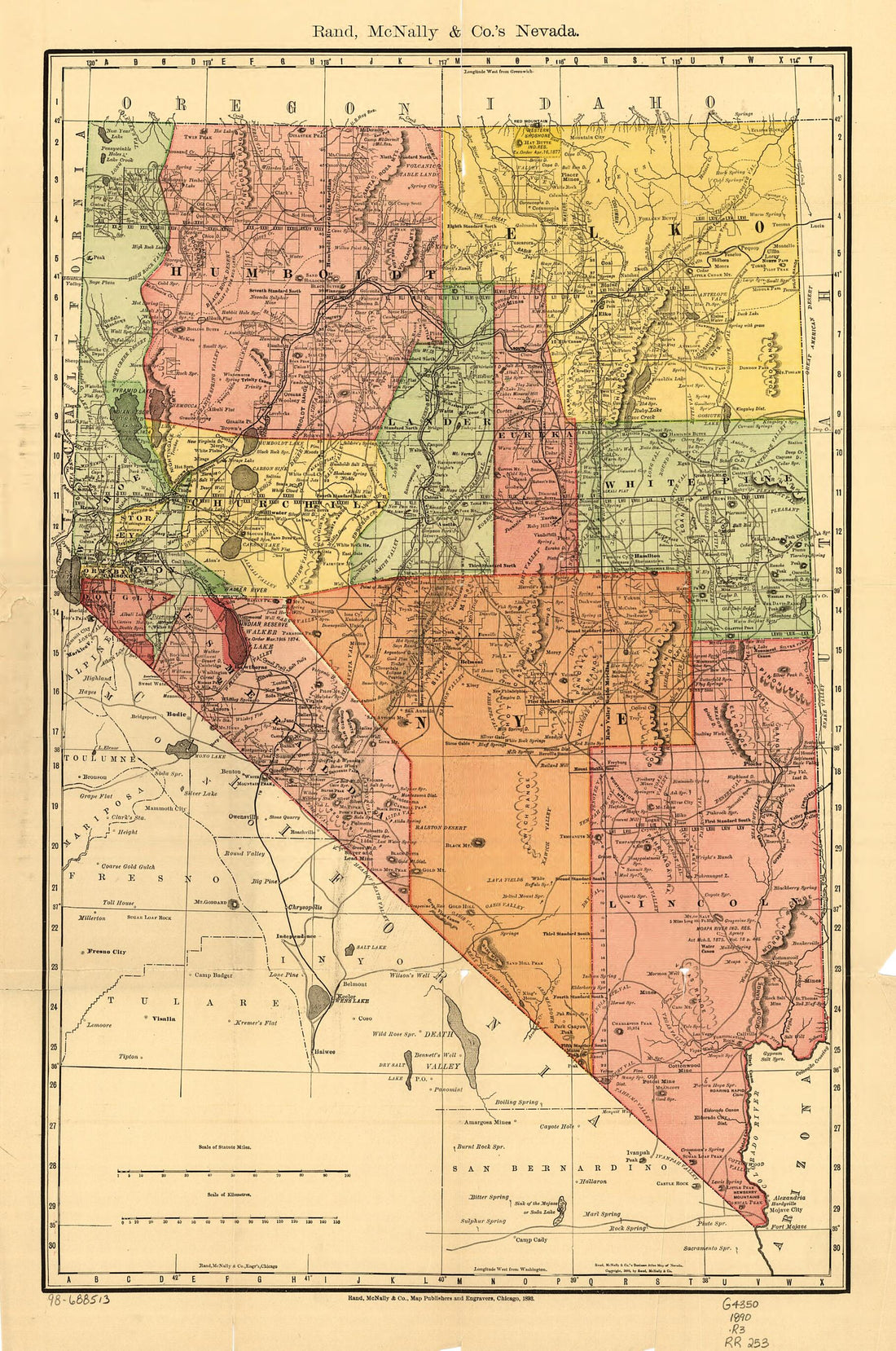 This old map of Indexed County and Township Pocket Map and Shippers Guide of Nevada, Accompanied by a New and Origianl Compilation and Ready Reference Index, Showing In Detail the Entire Railroad Network from 1893 was created by  Rand McNally and Company in 1893
