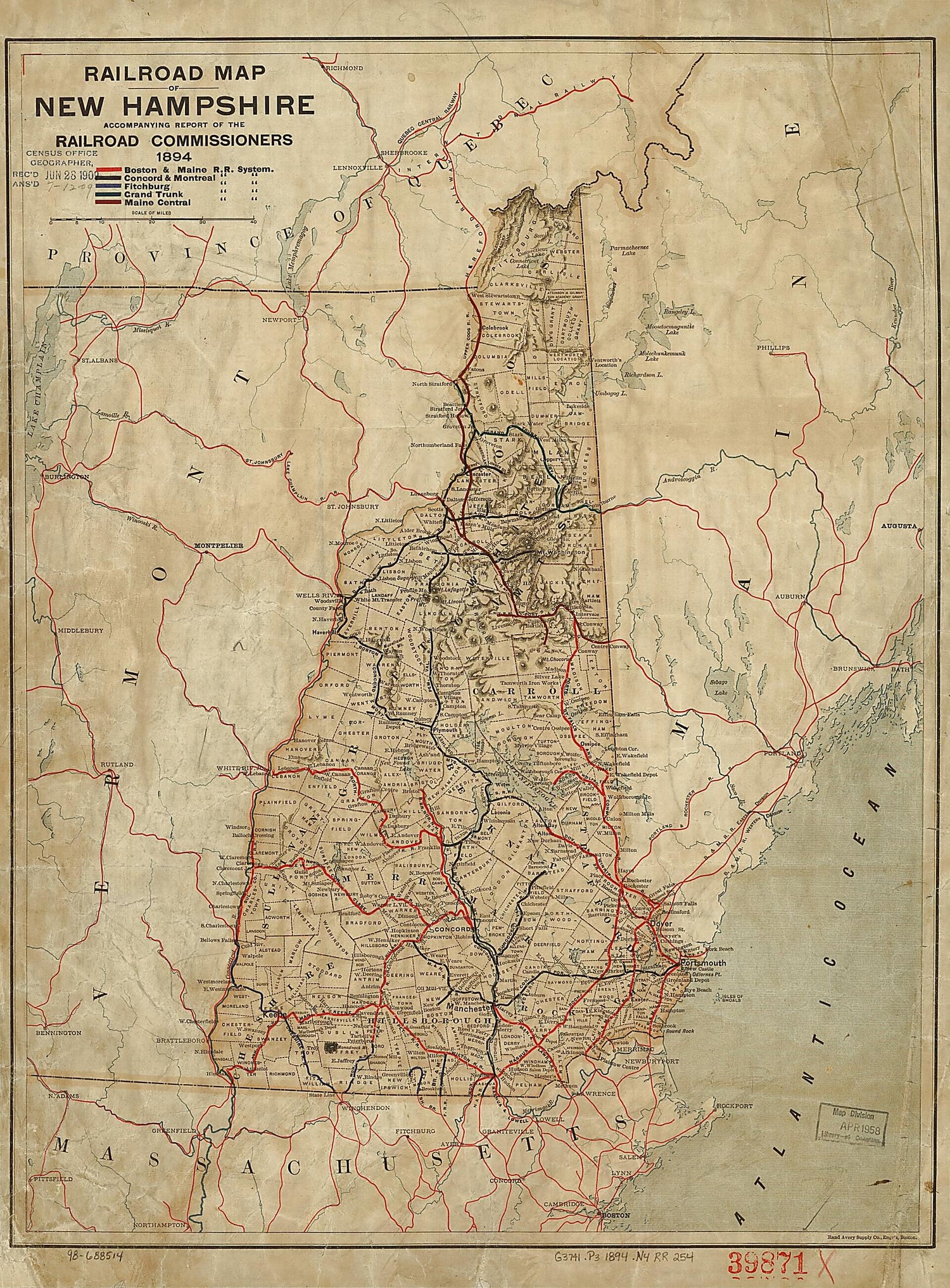 This old map of Railroad Map of New Hampshire Accompanying Report of the Railroad Commissioners, from 1894 was created by  New Hampshire. Railroad Commissioners in 1894