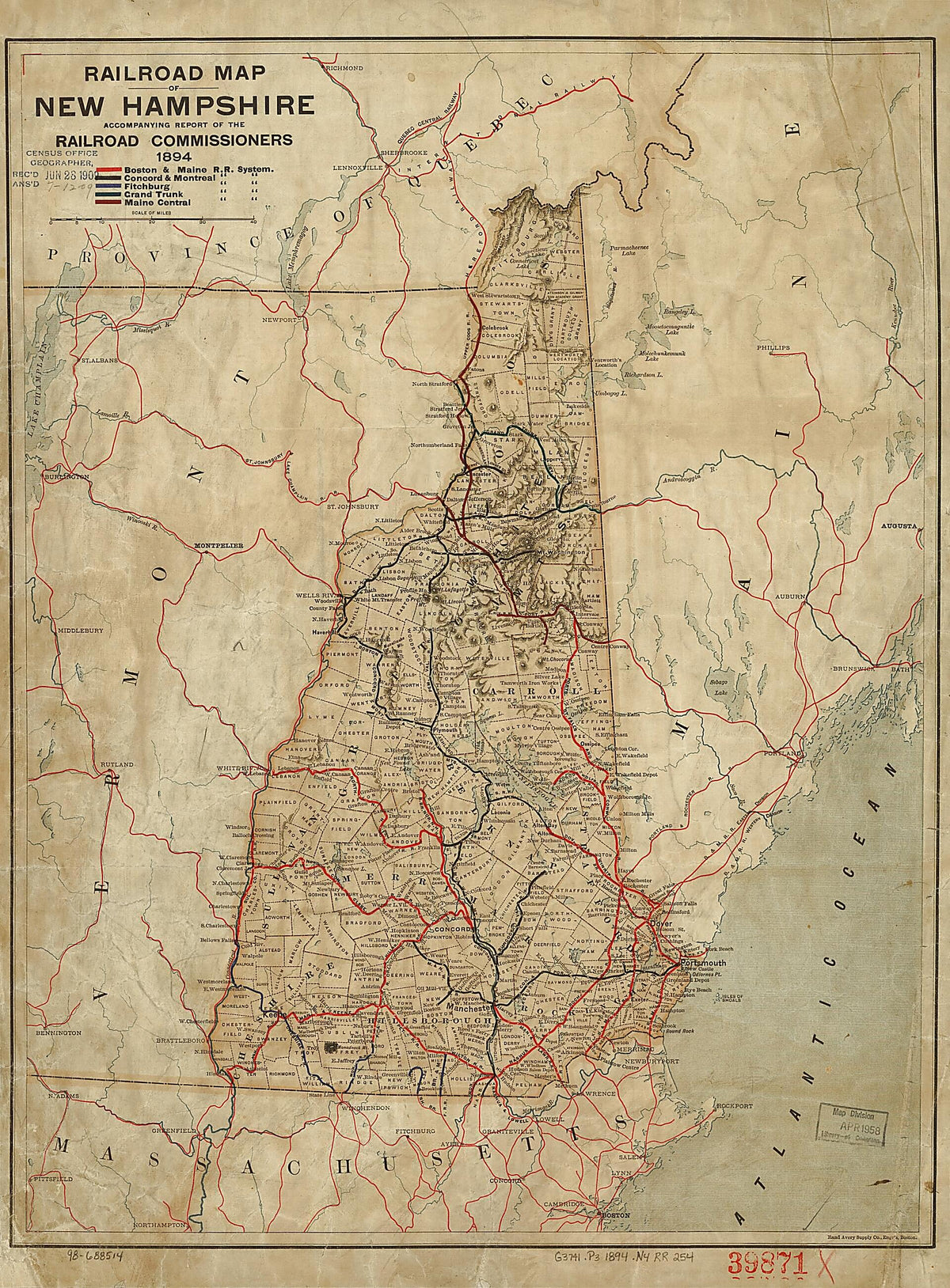 Railroad Map of New Hampshire Accompanying Report of the Railroad Commissioners, 1894 by Relic Map Company