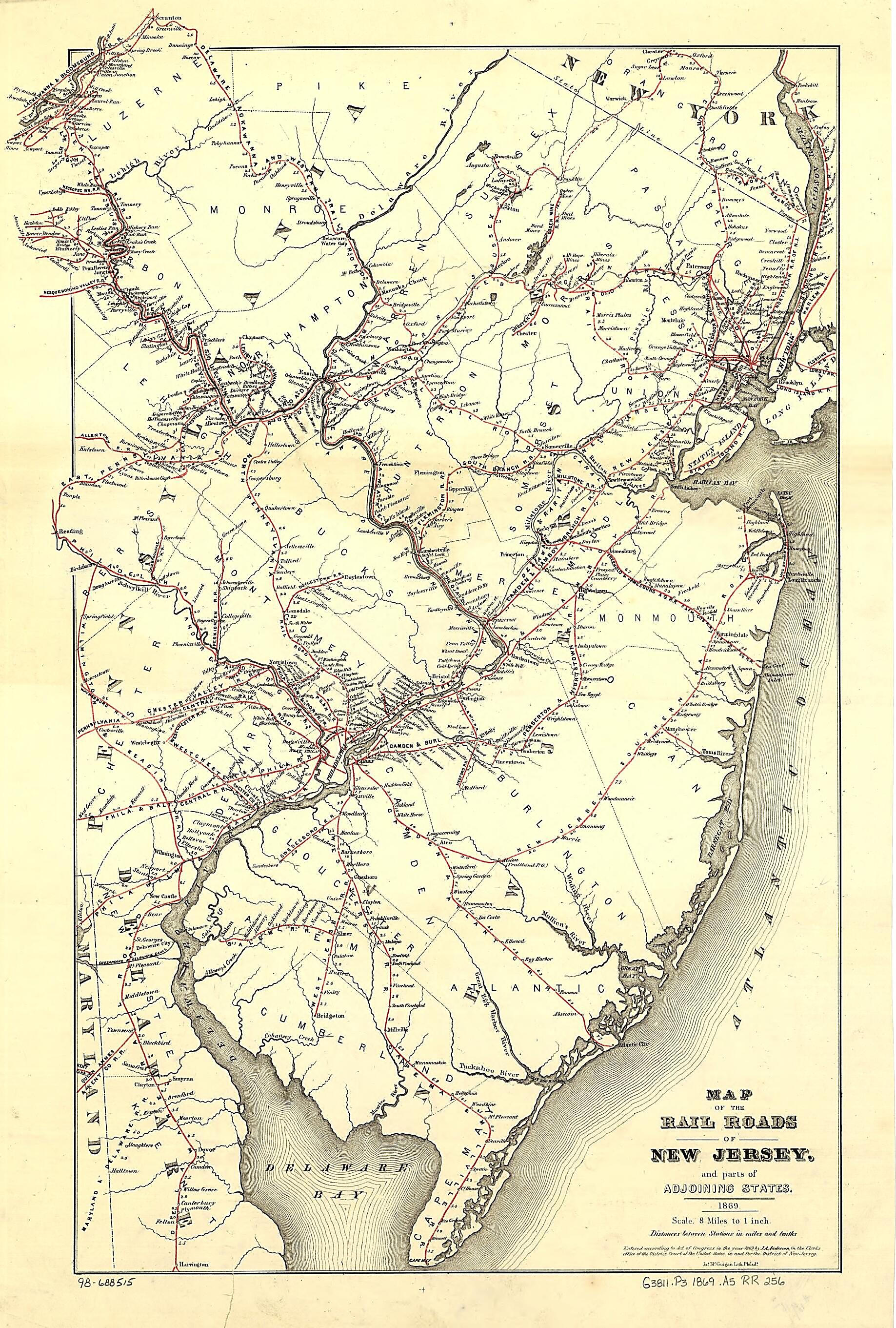 This old map of Map of the Rail Roads of New Jersey, and Parts of Adjoining States from 1869 was created by J. A. Anderson in 1869