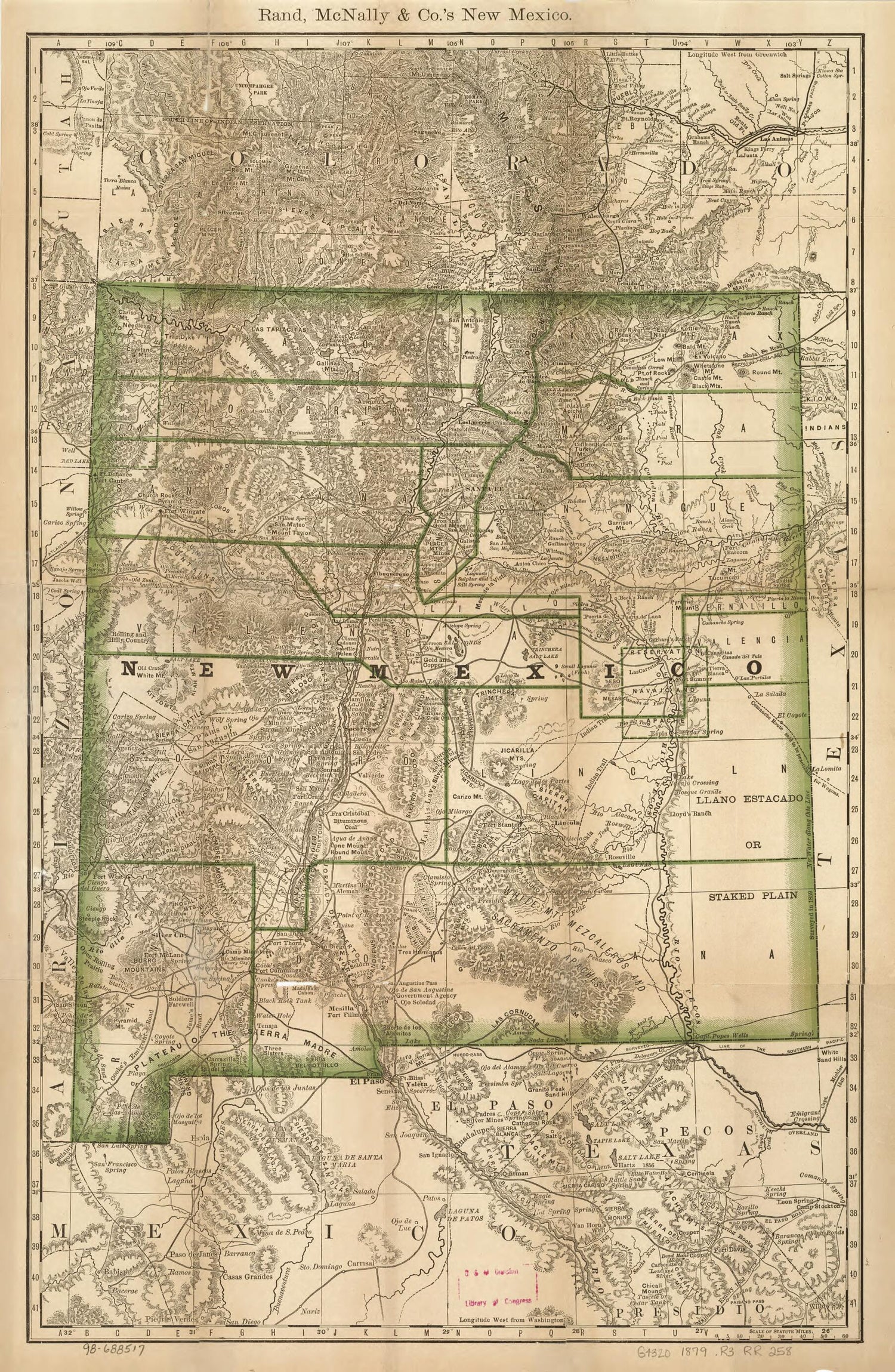 This old map of Indexed Map of New Mexico Showing Stage Lines, Counties Lake &amp; Rivers from 1879 was created by  Rand McNally and Company in 1879