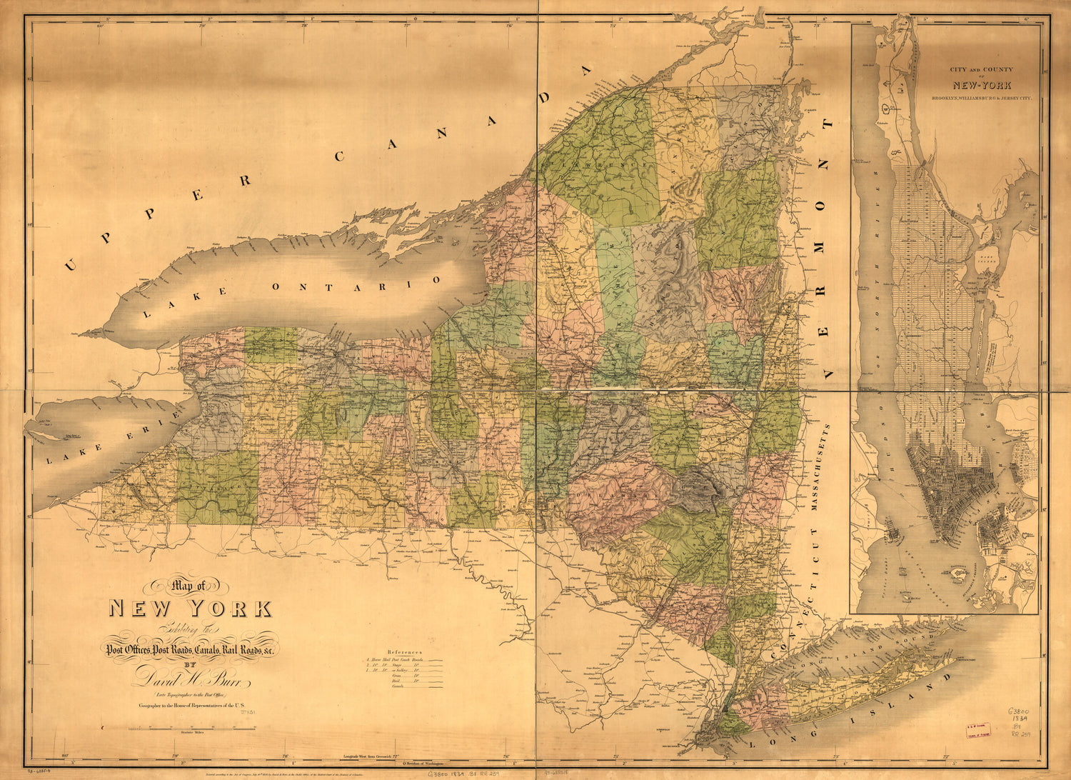 This old map of Map of New York Exhibiting the Post Offices, Post Roads, Canals, Rail Roads &amp;c. by David H. Burr; (Late Topographer to the Post Office.) Geographer to the House of Representatives of the U.S from 1839 was created by David H. Burr in 1839
