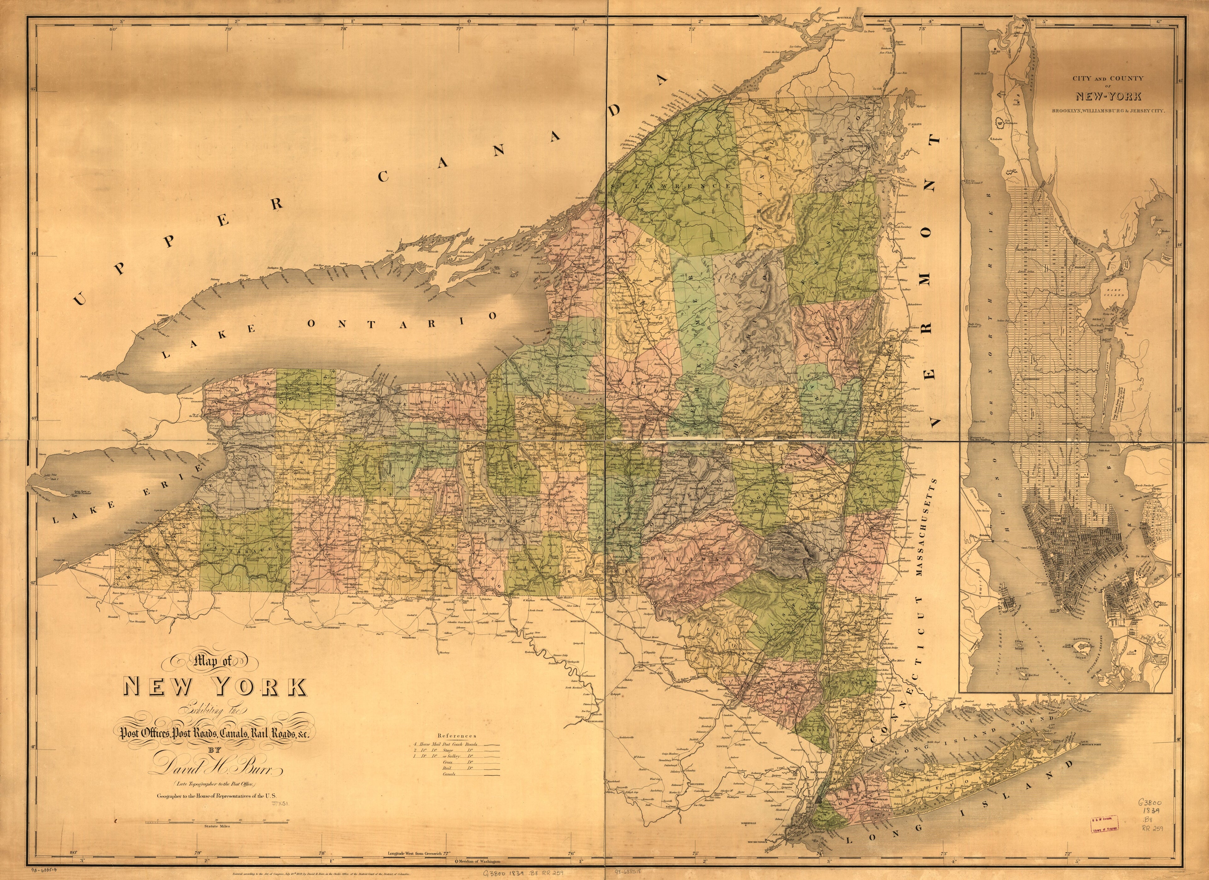This old map of Map of New York Exhibiting the Post Offices, Post Roads, Canals, Rail Roads &amp;c. by David H. Burr; (Late Topographer to the Post Office.) Geographer to the House of Representatives of the U.S from 1839 was created by David H. Burr in 1839
