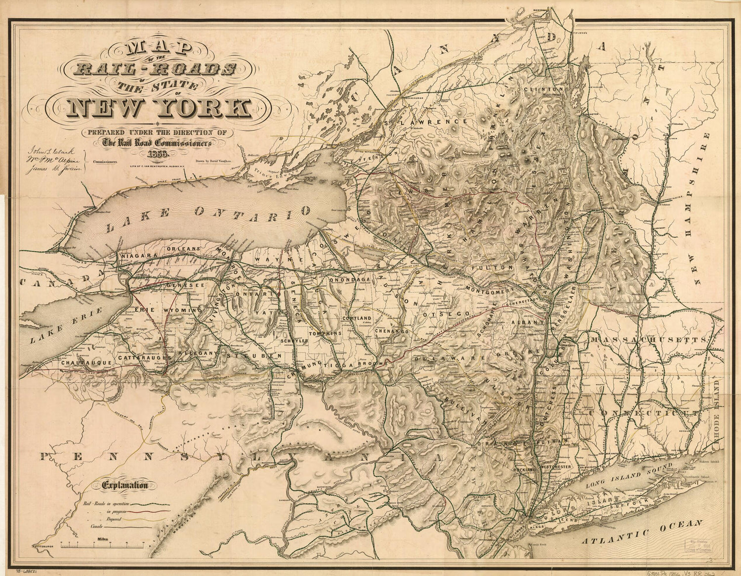 This old map of Roads of the State of New York Prepared Under the Direction of the Rail Road Commissioners, John S. Clark, William J. McAlpine, James B. Swain from 1856 was created by David Vaughan in 1856