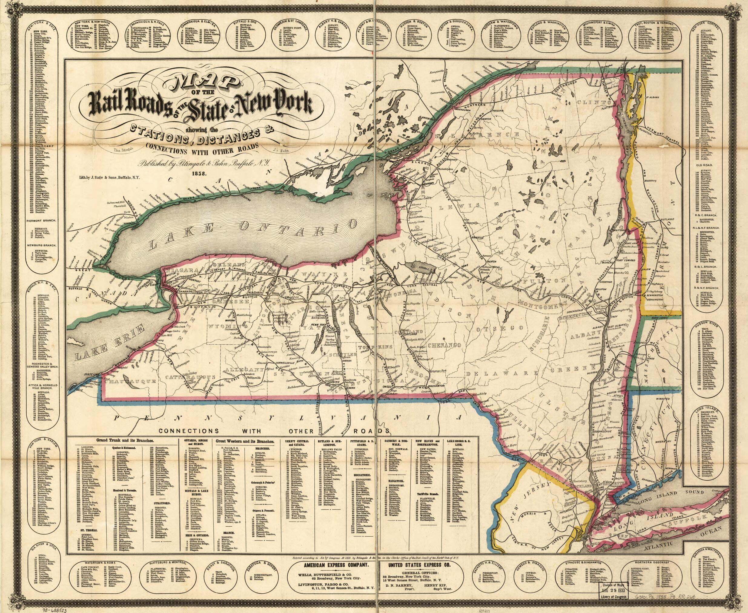 This old map of Map of the Rail Roads of the State of New York Showing the Stations, Distances &amp; Connections With Other Roads; Thos. Pentingale, L.P. Behn from 1858 was created by Thomas Petingale in 1858