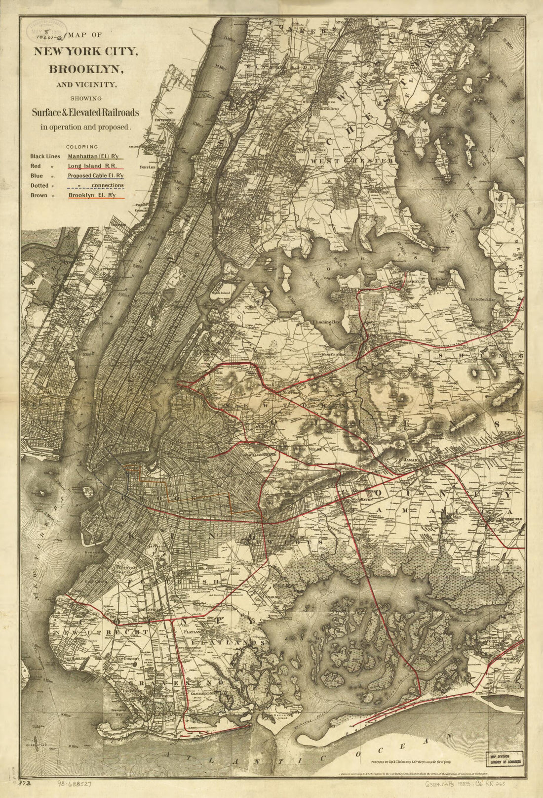 This old map of Map of New York City, Brooklyn, and Vicinity Showing Surface &amp; Elevated Railroads In Operation and Proposed from 1885 was created by  G.W. &amp; C.B. Colton &amp; Co in 1885