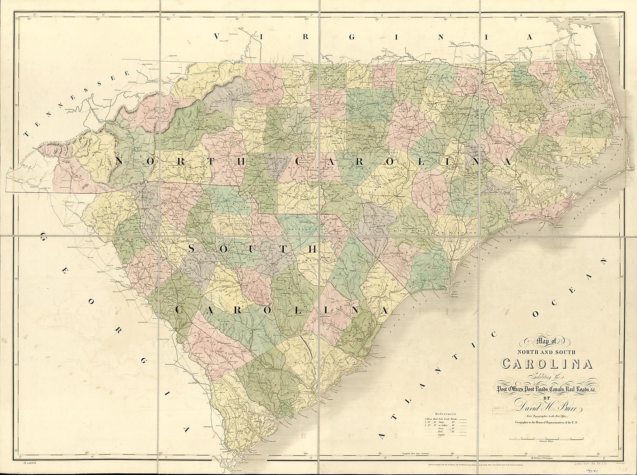 This old map of Map of North and South Carolina Exhibiting the Post Offices Post Roads, Canals, Rail Roads &amp;c. by David H. Burr; (Late Topographer to the Post Office.) Geographer to the House of Representatives of the U.S from 1839 was created by David H