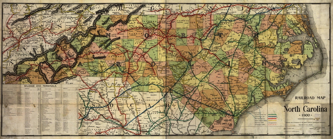 This old map of Railroad Map of North Carolina, from 1900, Examined and Authorized by the North Carolina Corporation Commission was created by H. C. Brown in 1900