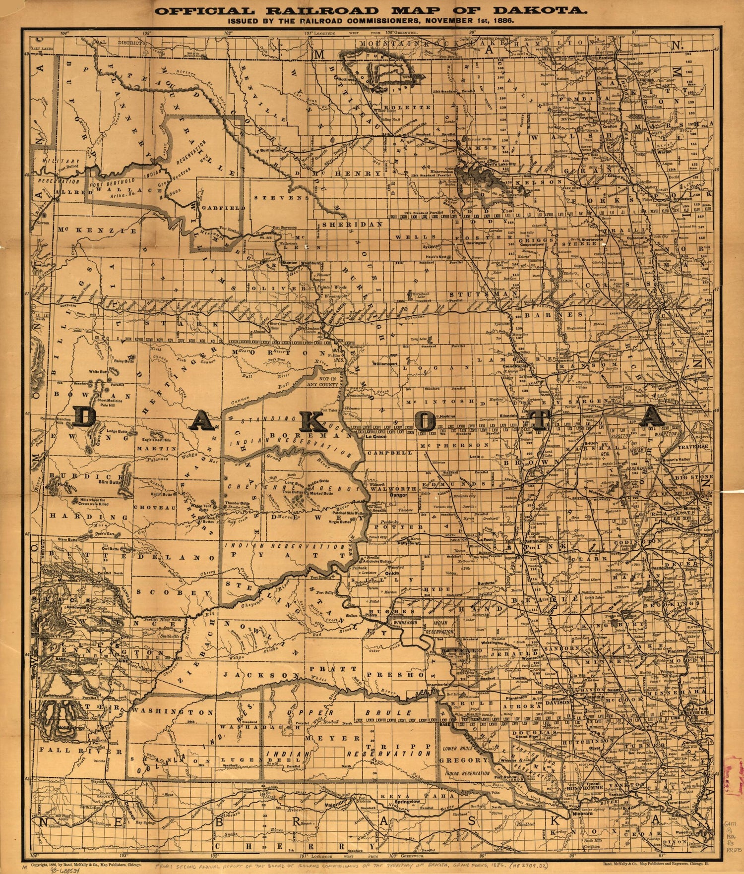 This old map of Official Railroad Map of Dakota Issued by the Railroad Commissioners, November 1st, from 1886 was created by  Rand McNally and Company in 1886