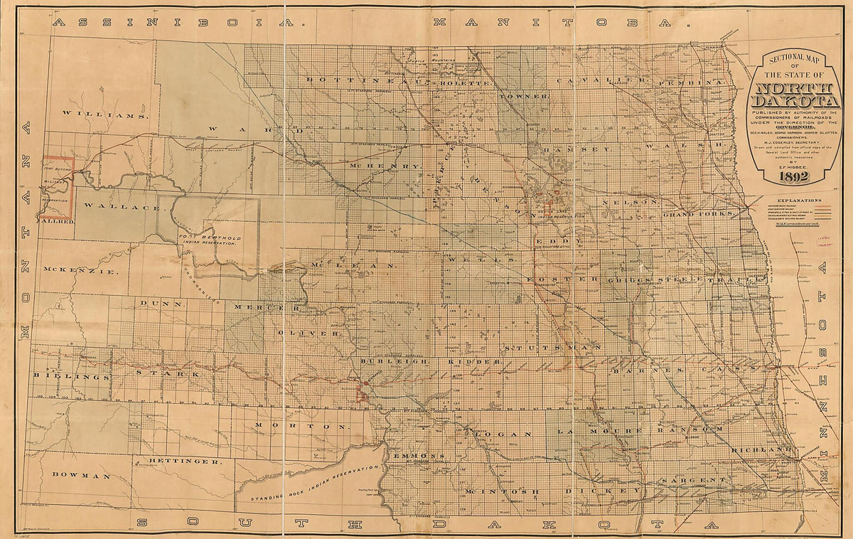 Sectional Map of the State of North Dakota Published by Authority of the Commissioners of Railroads Under the Direction of the Governor; Drawn and Compiled From Official Maps of the General Land Office and Other Authentic Sources in 1892 by Relic Map Company