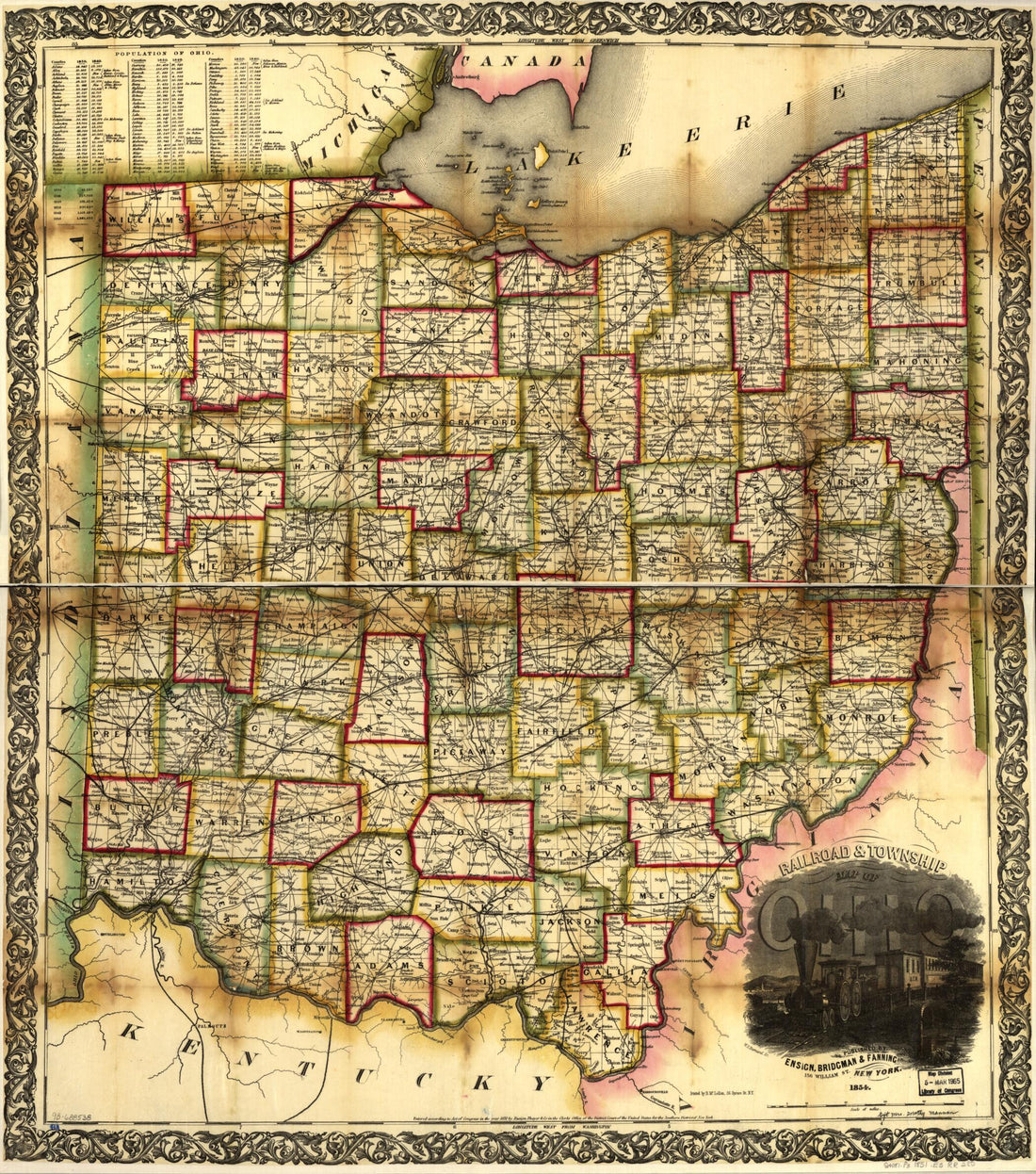 This old map of Railroad &amp; Township Map of Ohio from 1854 was created by Bridgman &amp; Fanning Ensign in 1854