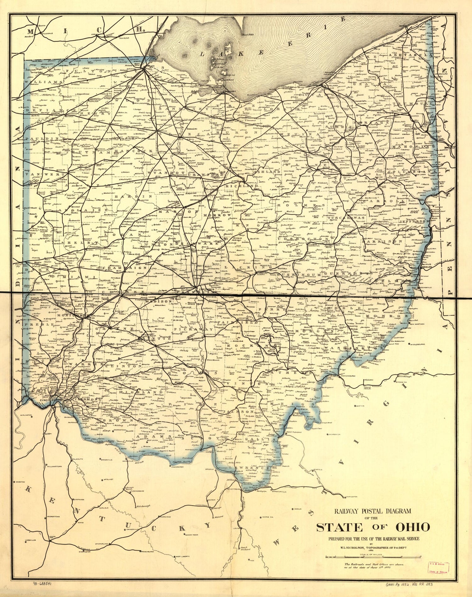 This old map of Railway Postal Diagram of the State of Ohio Prepared for the Use of the Railway Mail Service by W. L. Nicholson, Topographer of the Post Office Dept from 1882 was created by W. L. Nicholson in 1882