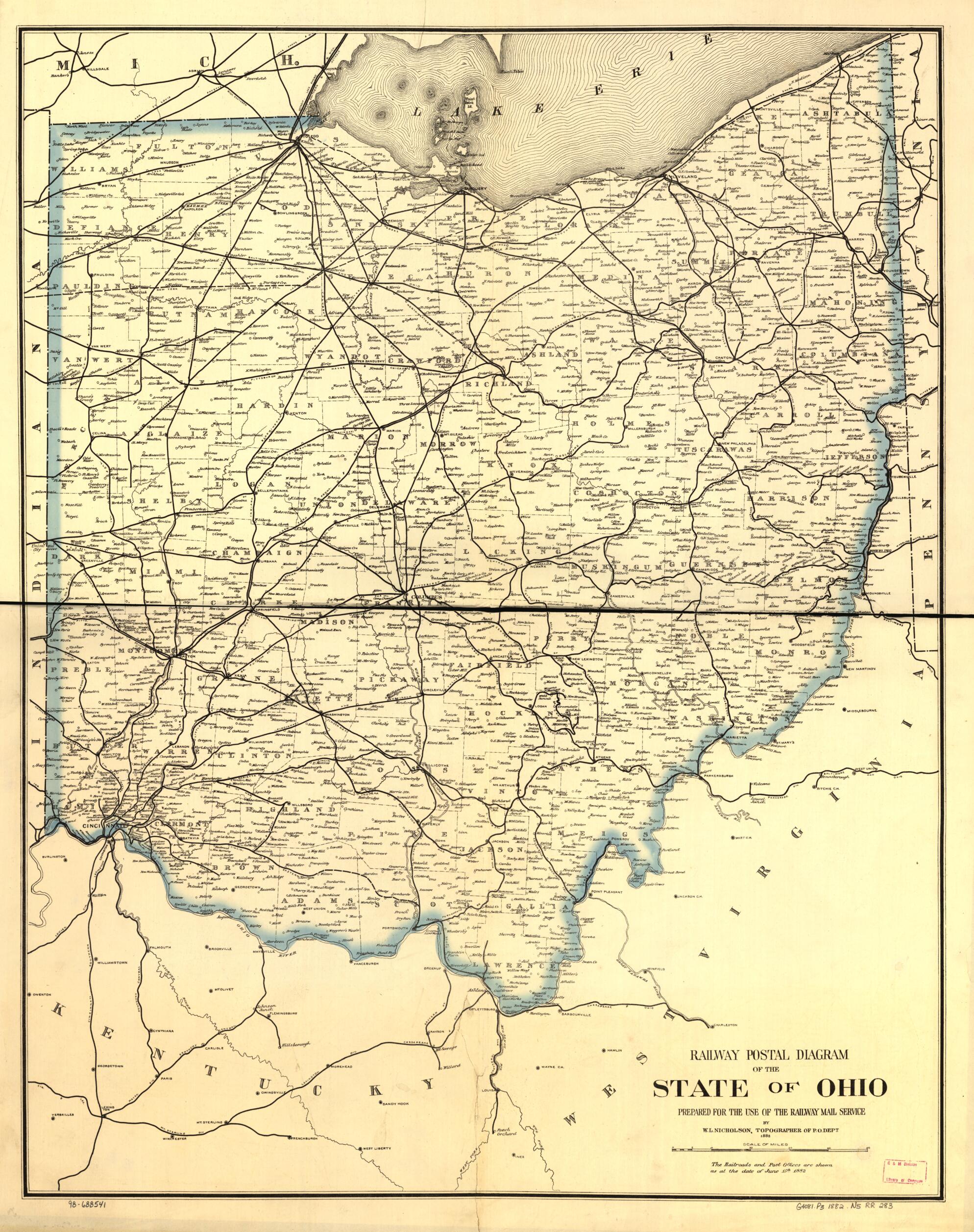 This old map of Railway Postal Diagram of the State of Ohio Prepared for the Use of the Railway Mail Service by W. L. Nicholson, Topographer of the Post Office Dept from 1882 was created by W. L. Nicholson in 1882