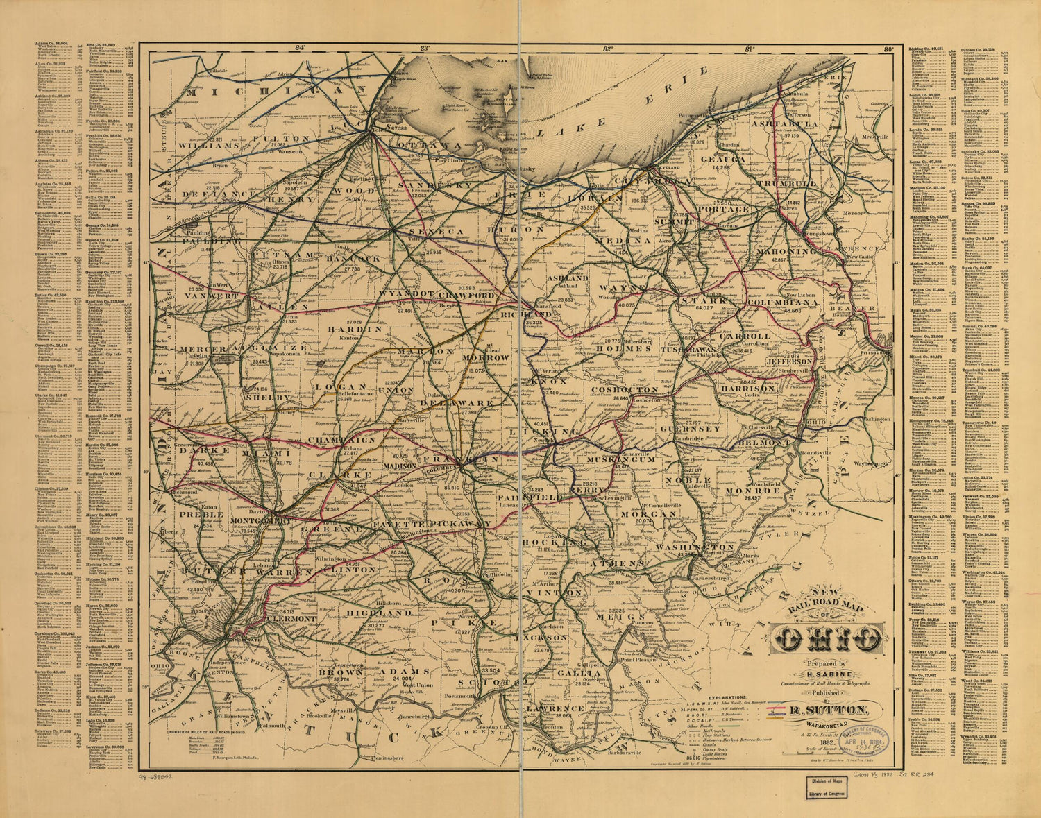This old map of New Rail Road Map of Ohio Prepared by H. Sabine, Commissioner of Rail Roads &amp; Telegraphs from 1882 was created by H. Sabine in 1882