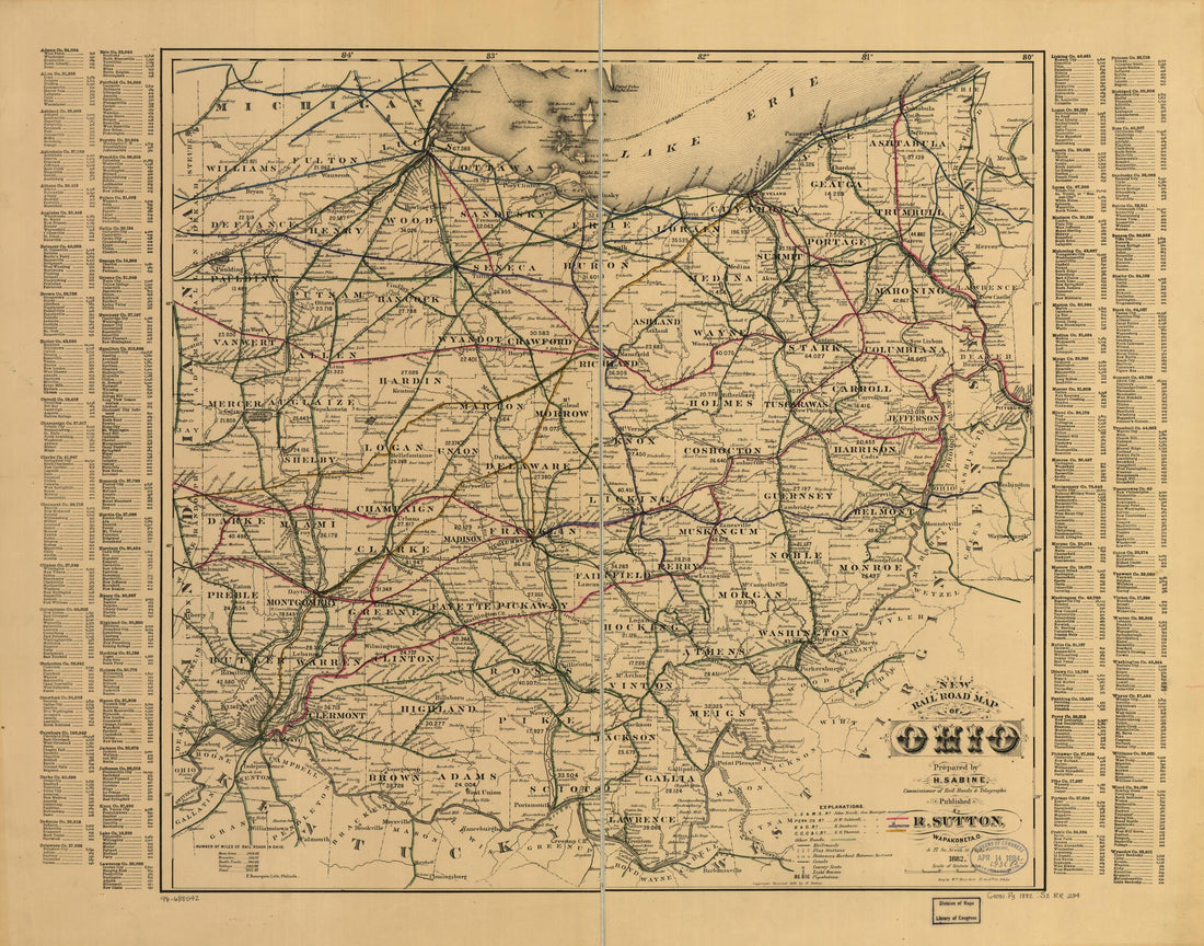 This old map of New Rail Road Map of Ohio Prepared by H. Sabine, Commissioner of Rail Roads &amp; Telegraphs from 1882 was created by H. Sabine in 1882