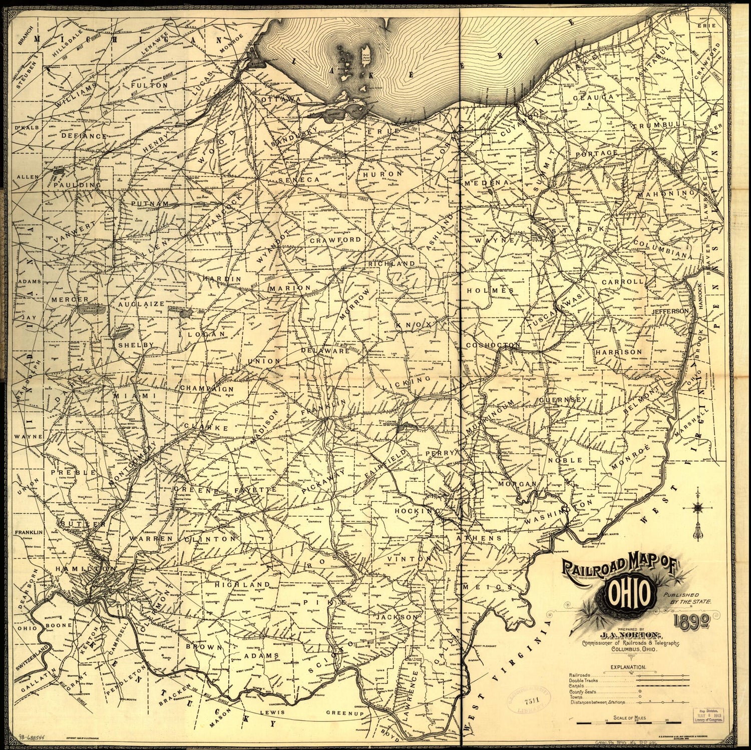 This old map of Railroad Map of Ohio Published by the State. from 1890. Prepared by J. A. Norton, Commissioner of Railroads &amp; Telegraphs. Copyright by H. B. Stranahan was created by J. A. Norton in 1890