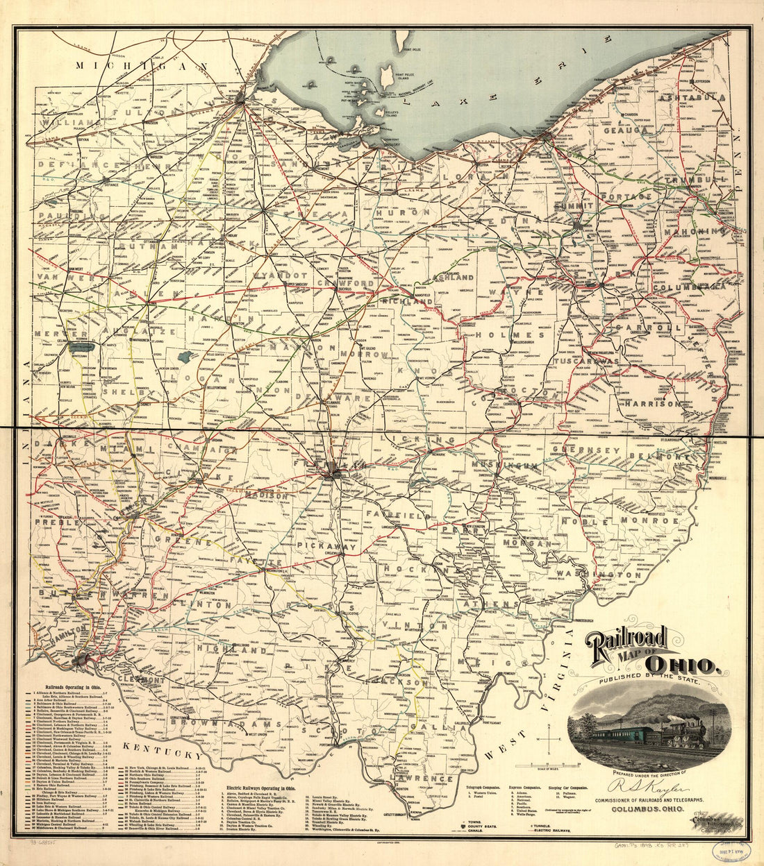 This old map of Railroad Map of Ohio Published by the State, Prepared Under the Direction of Commissioner of Railroads and Telegraphs from 1898 was created by R. S. Kayler in 1898