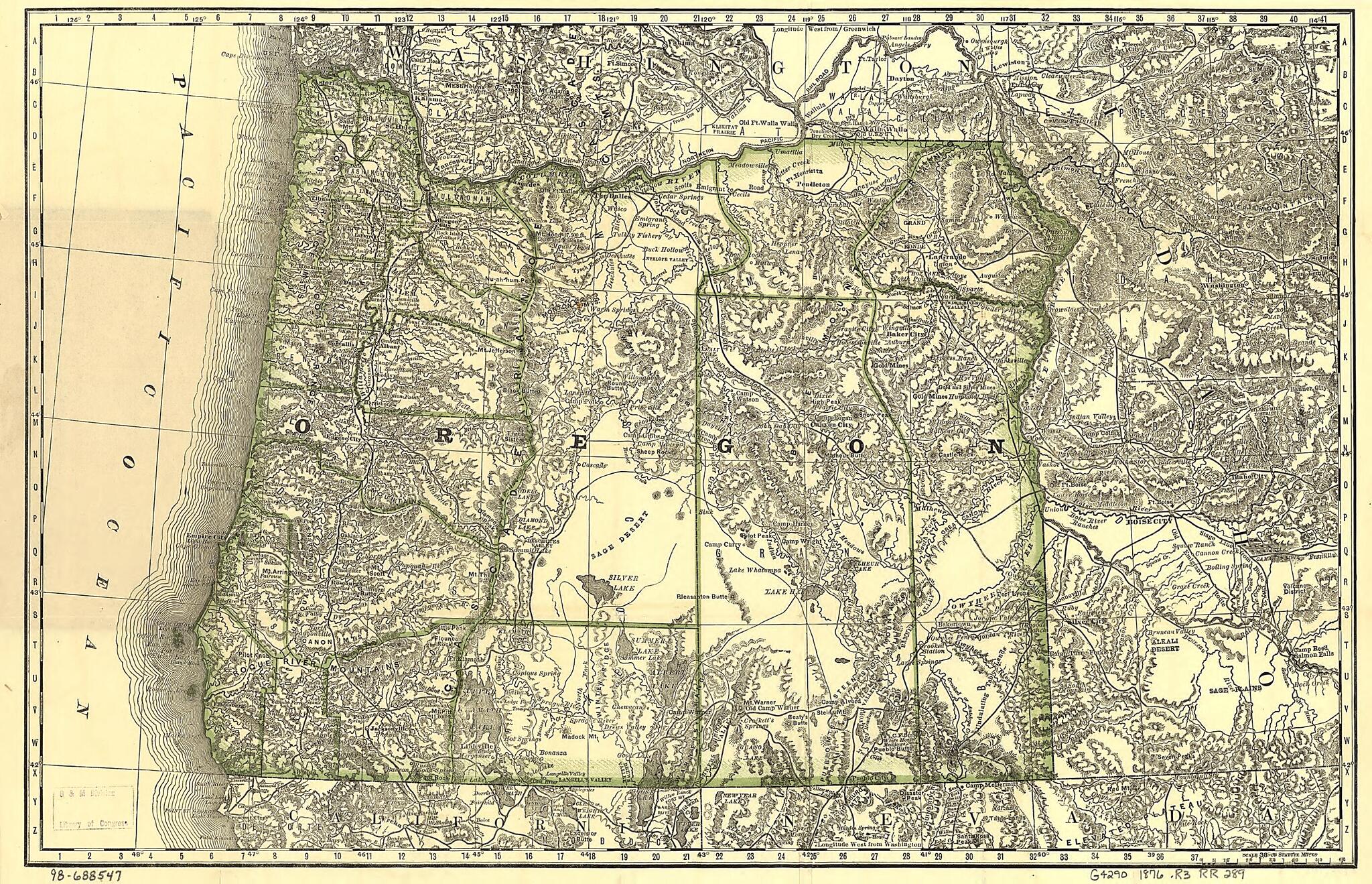 This old map of Indexed Map of Oregon Showing the Railroads In the State and the Express Company Doing Business Over Each, Also, Counties, Lakes &amp; Rivers from 1876 was created by  Rand McNally and Company in 1876