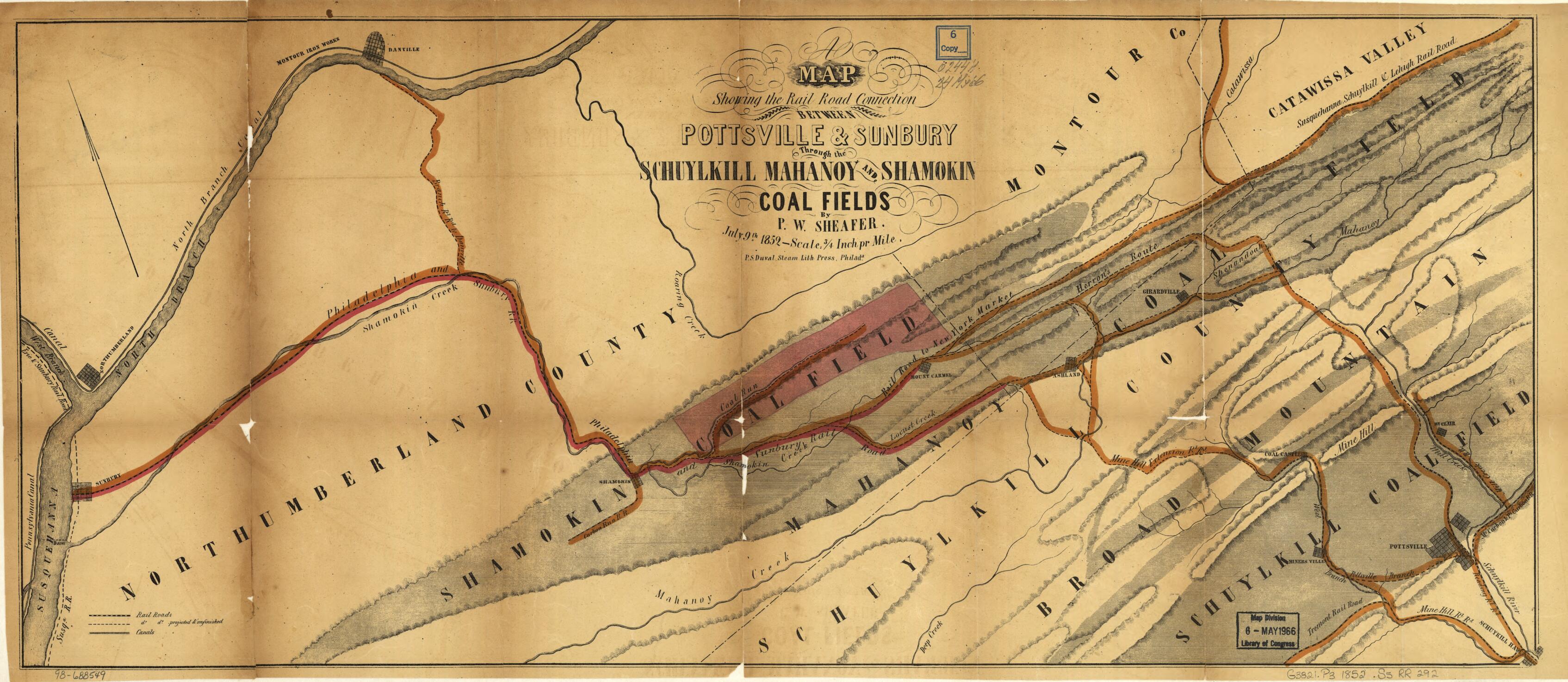 This old map of A Map Showing the Rail Road Connection Between Pottsville &amp; Sunbury Through the Schuylkill Mahanoy and Shamokin Coal Fields, July 9th from 1852 was created by P. W. (Peter Wenrick) Sheafer in 1852