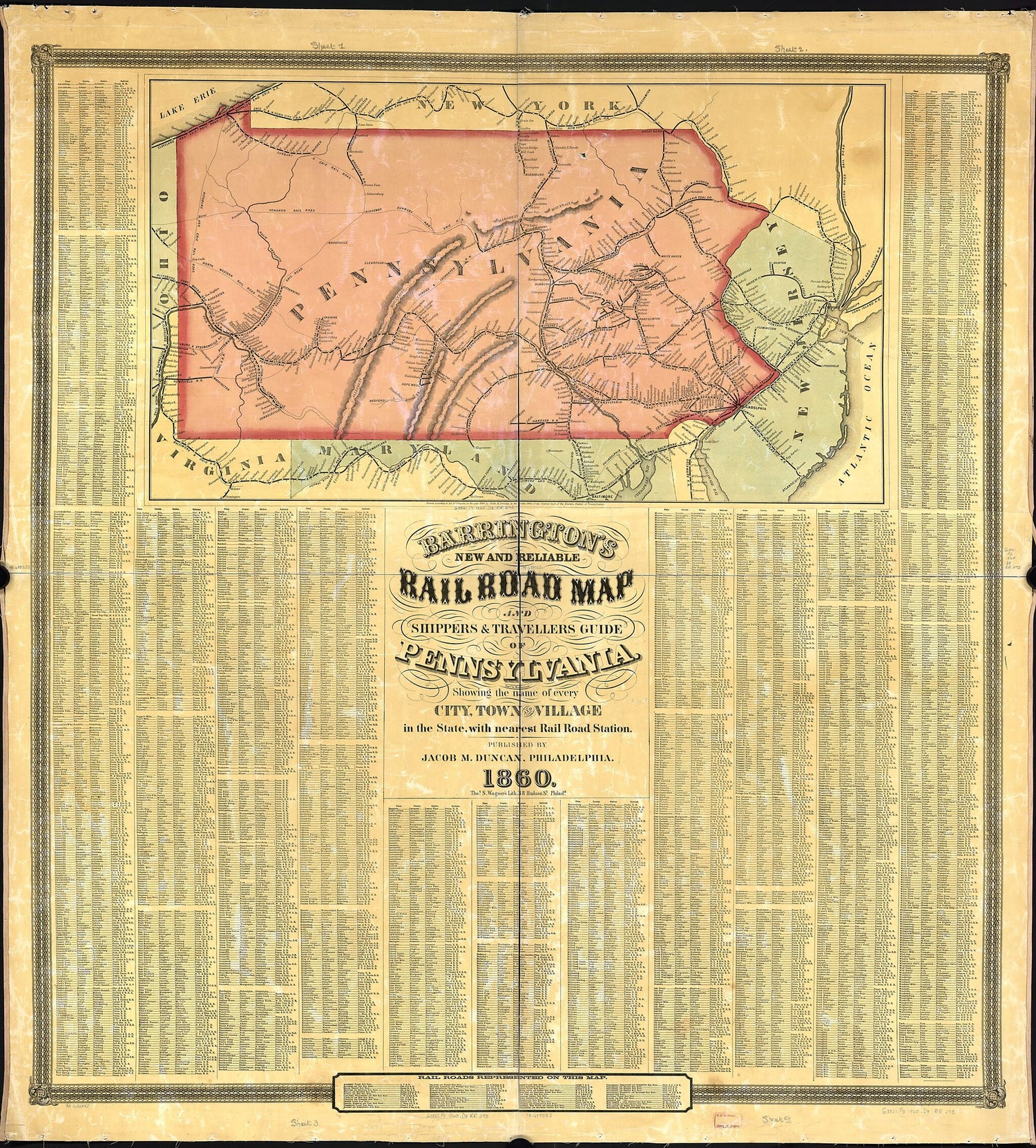 This old map of Barringtons New and Reliable Railroad Map and Shippers &amp; Travellers Guide of Pennsylvania, Engrd. by Ths. Leonhardt, Showing the Name of Every City, Town and Village In the State, With Nearest Rail Road Station from 1860 was created by Ja