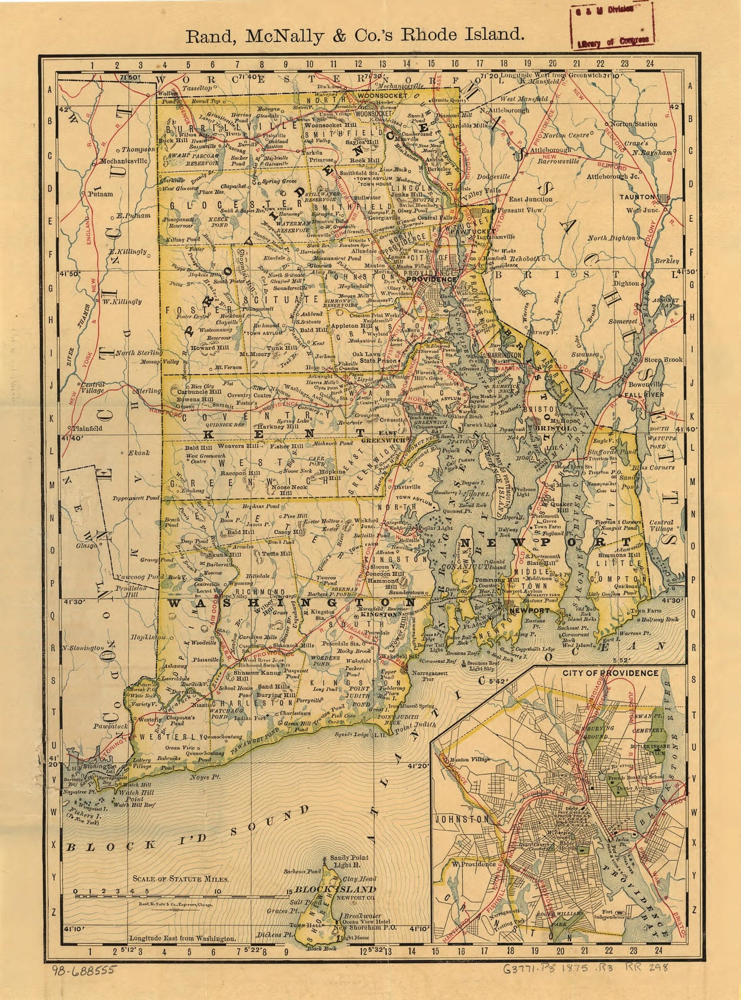 This old map of Indexed Map of Rhode Island Showing the Railroads In the State, and the Express Company Doing Business Over Each, Also Counties, Townships, Lakes, Rivers, Islands, Etc from 1875 was created by  Rand McNally and Company in 1875