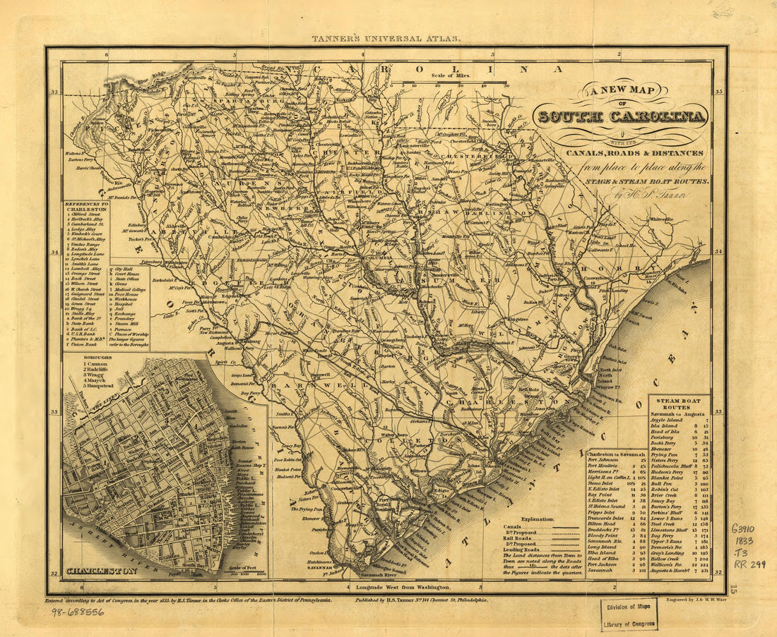 This old map of A New Map of South Carolina With Its Canals, Roads &amp; Distances from Place to Place Along the Stage &amp; Steam Boat Routes from 1836 was created by  South Carolina Canal and Railroad Company, Henry Schenck Tanner in 1836