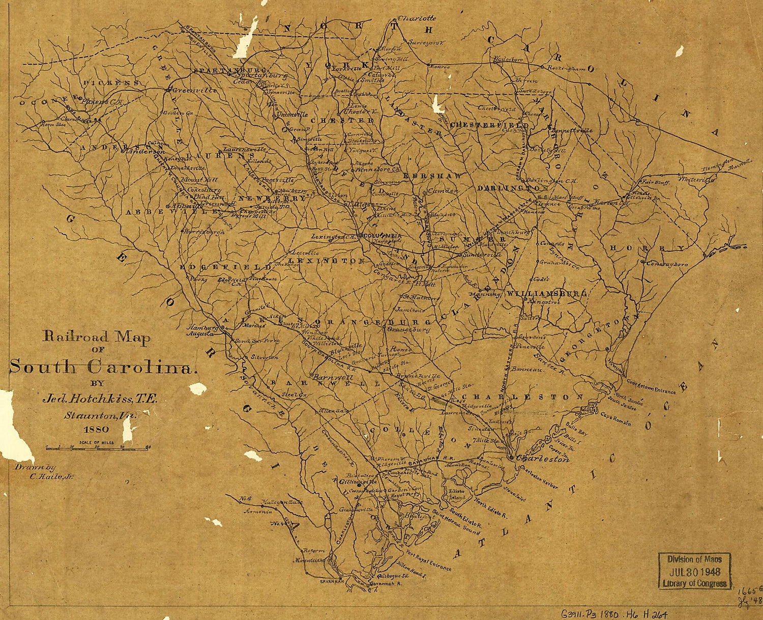 This old map of Railroad Map of South Carolina by Jed. Hotchkiss, T.E., Stanton, Va from 1880 was created by Jedediah Hotchkiss in 1880