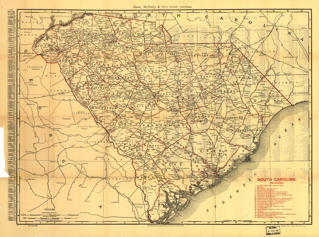 This old map of South Carolina Railroads from 1900 was created by  Rand McNally and Company in 1900