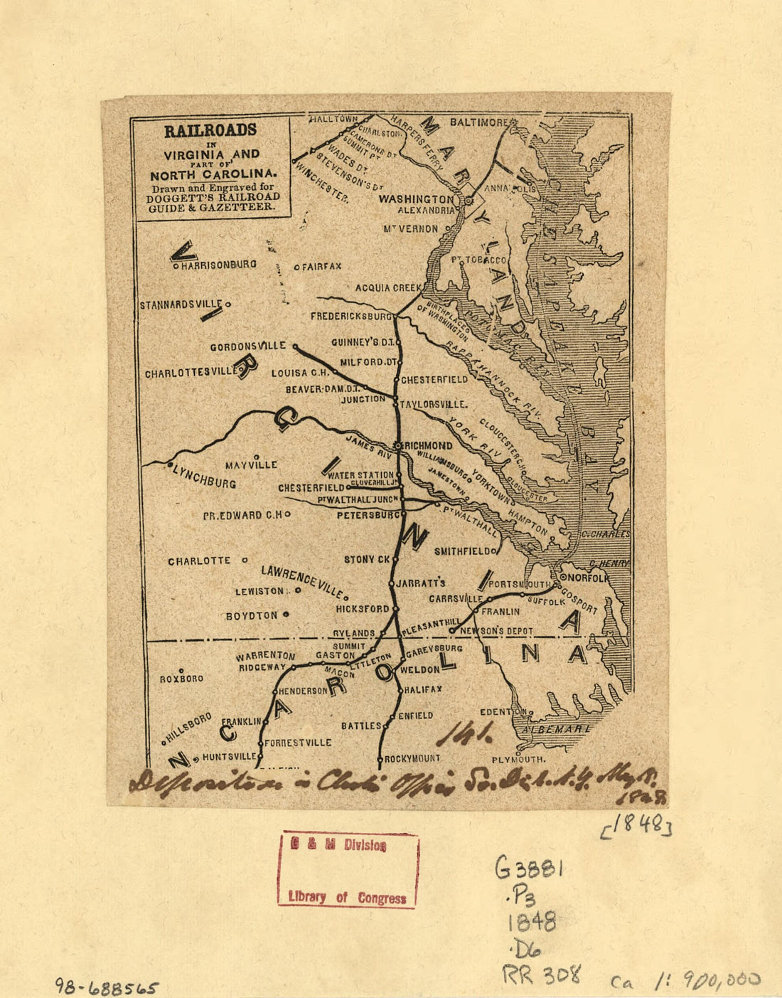 This old map of Railroads In Virginia and Part of North Carolina, Drawn and Engraved for Doggett&