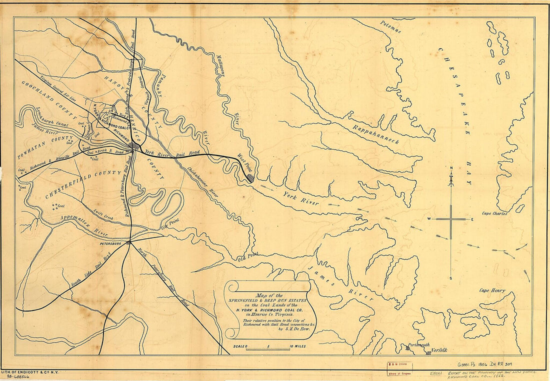 This old map of Map of the Springfield &amp; Deep Run Estates On the Coal Lands of the N. York &amp; Richmond Coal Co, In Henrico County Virginia, Their Relative Position to the City of Richmond With Rail Road Connections &amp;c from 1856 was created by S. Herries D