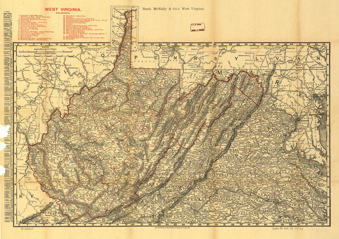 This old map of Indexed County and Railroad Pocket Map and Shippers Guide of West Virginia, Accompanied by a New and Original Compilation and Ready Reference Index, Showing In Detail the Entire Railroad System from 1898 was created by  Rand McNally and Company in 1898