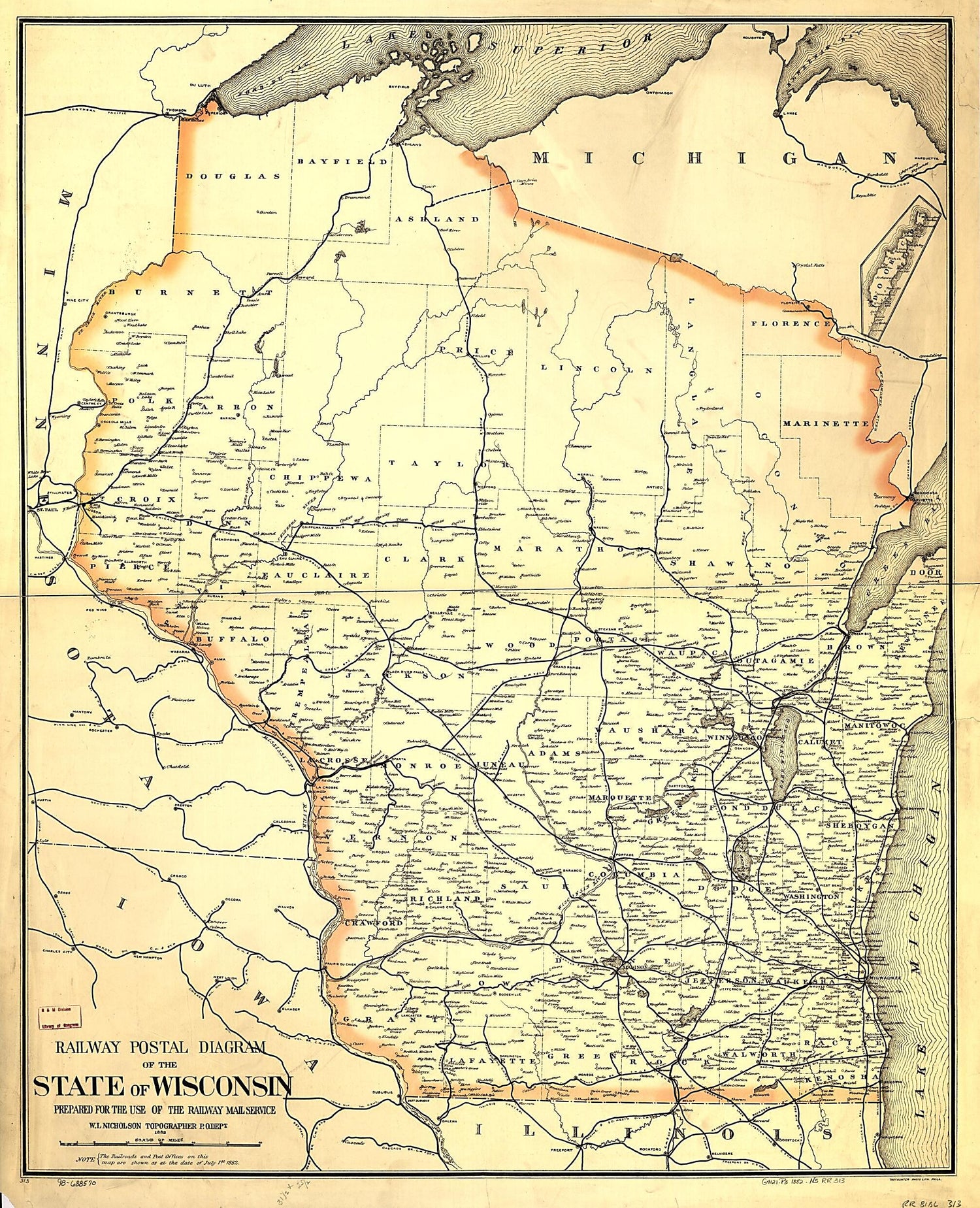 This old map of Railway Postal Diagram of the State of Wisconsin Prepared for the Use of the Railway Mail Service; W. L. Nicholson, Topographer P.O. Dept from 1882 was created by W. L. Nicholson in 1882