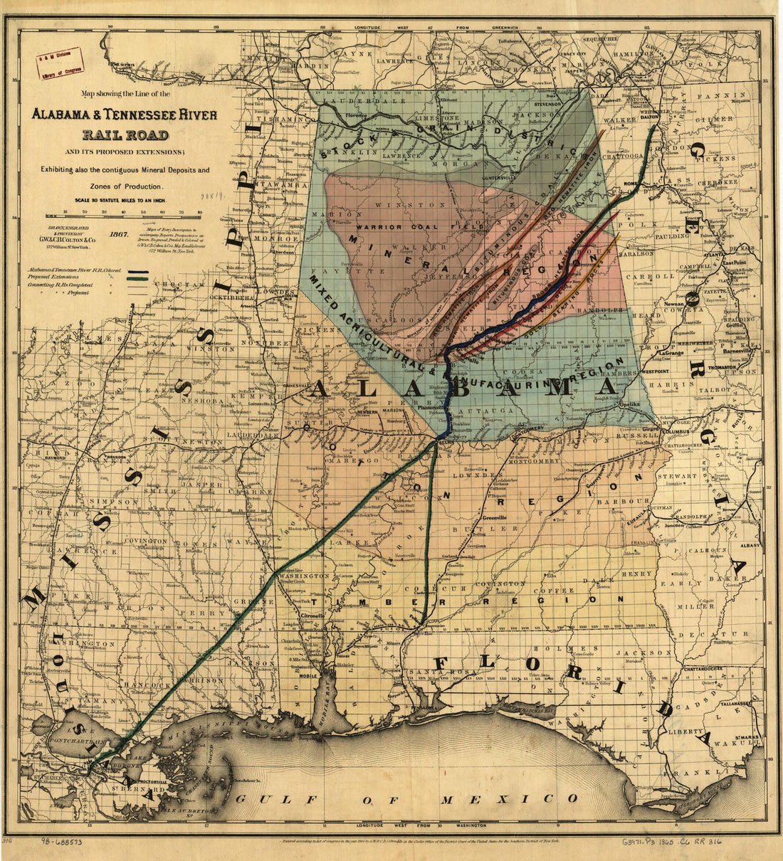 This old map of Map Showing the Line of the Alabama &amp; Tennessee River Rail Road and Its Proposed Extensions; Exhibiting Also the Contiguous Mineral Deposits and Zone of Production from 1867 was created by  Alabama and Tennessee River Railroad,  G.W. &amp; C.