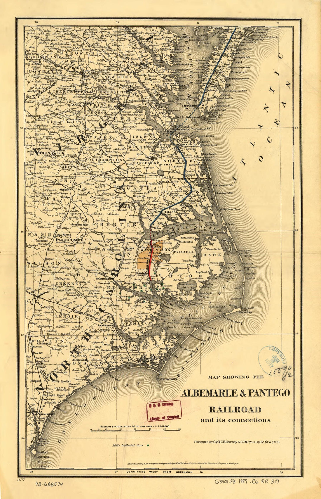 This old map of Map Showing the Albemarle &amp; Pantego Railroad and Its Connections from 1887 was created by  Albemarle and Pantego Railroad,  G.W. &amp; C.B. Colton &amp; Co in 1887