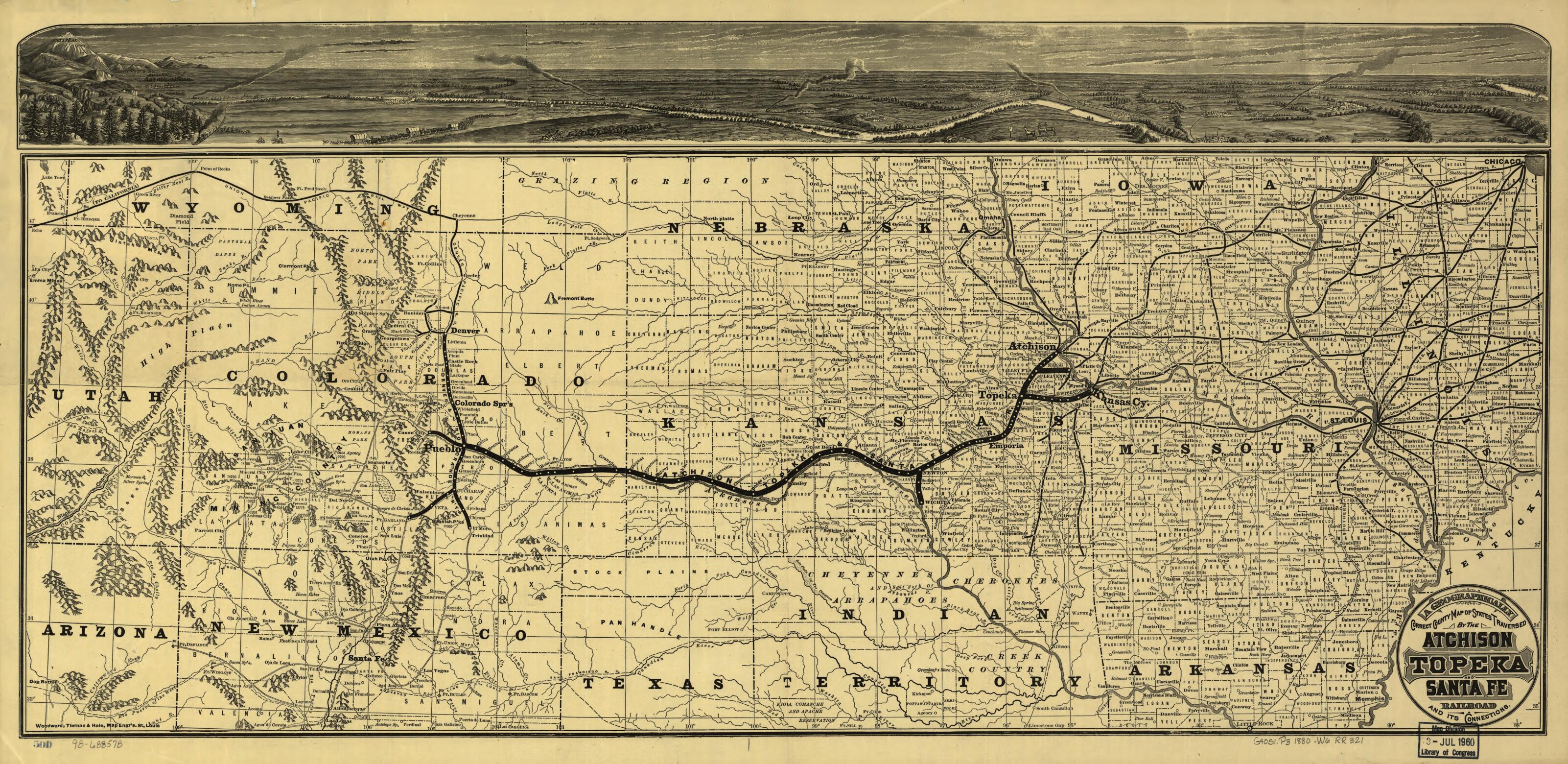 This old map of A Geographically Correct County Map of the States Traversed by the Atchison Topeka and the Santa Fé Railroad and Its Connections from 1880 was created by Topeka Atchison, Tiernan Woodward in 1880