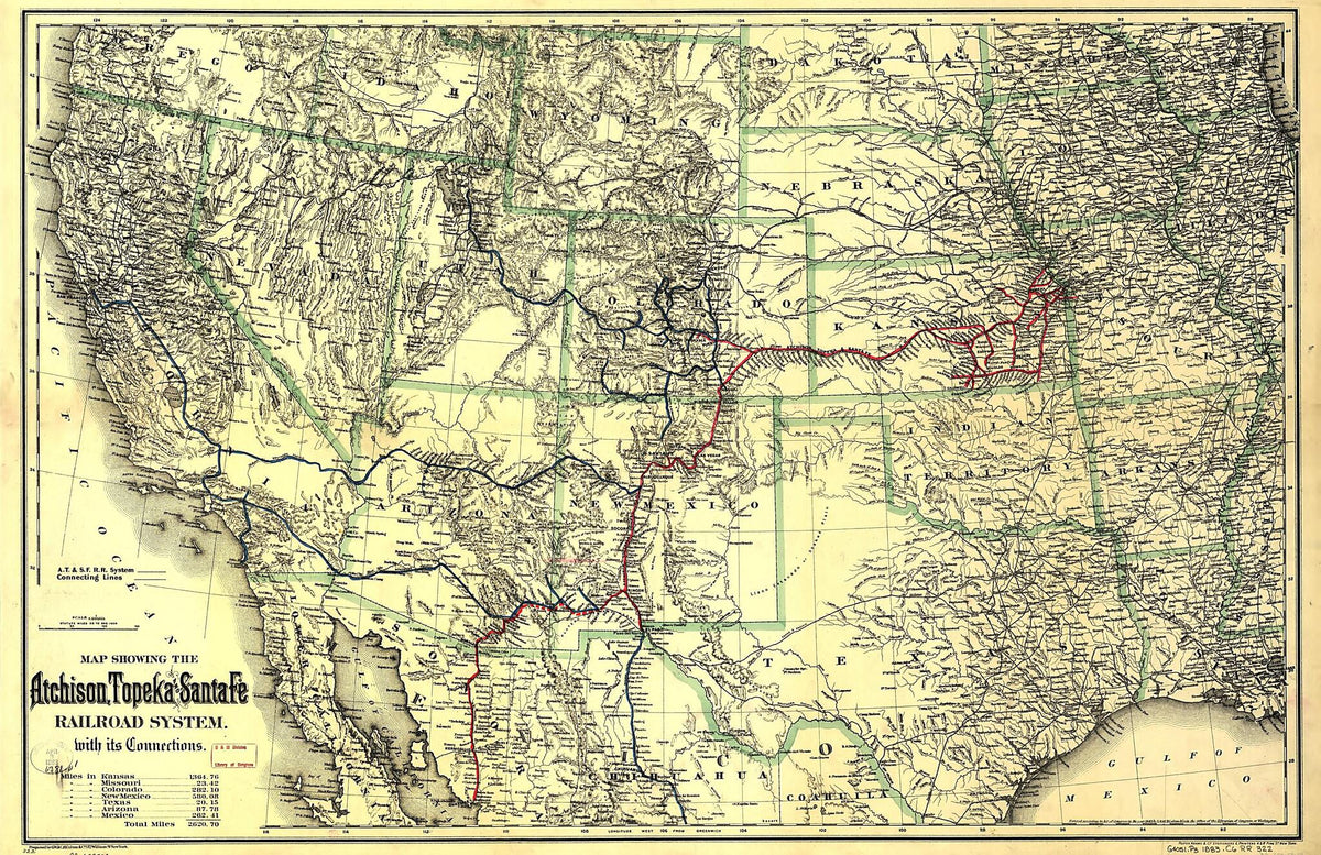 Map Showing the Atchison, Topeka and Santa Fé Railroad System, With Its Connections 1883 by Relic Map Company