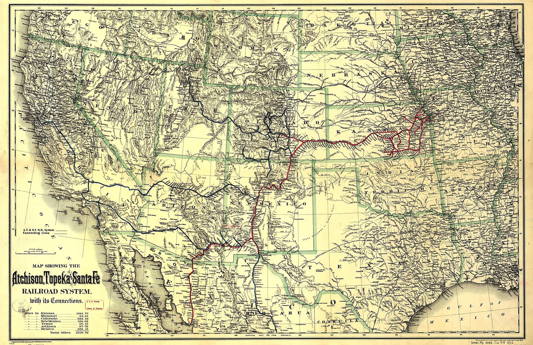 This old map of Map Showing the Atchison, Topeka and Santa Fé Railroad System, With Its Connections from 1883 was created by Topeka Atchison,  G.W. &amp; C.B. Colton &amp; Co in 1883