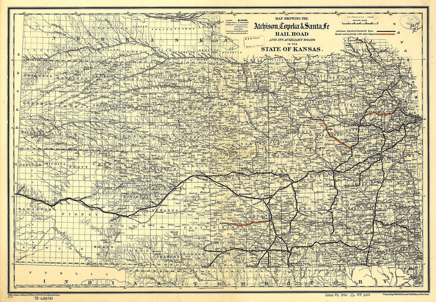 This old map of Map Showing the Atchison, Topeka &amp; Santa Fé Rail Road and Its Auxiliary Roads In the State of Kansas from 1886 was created by Topeka Atchison,  G.W. &amp; C.B. Colton &amp; Co in 1886