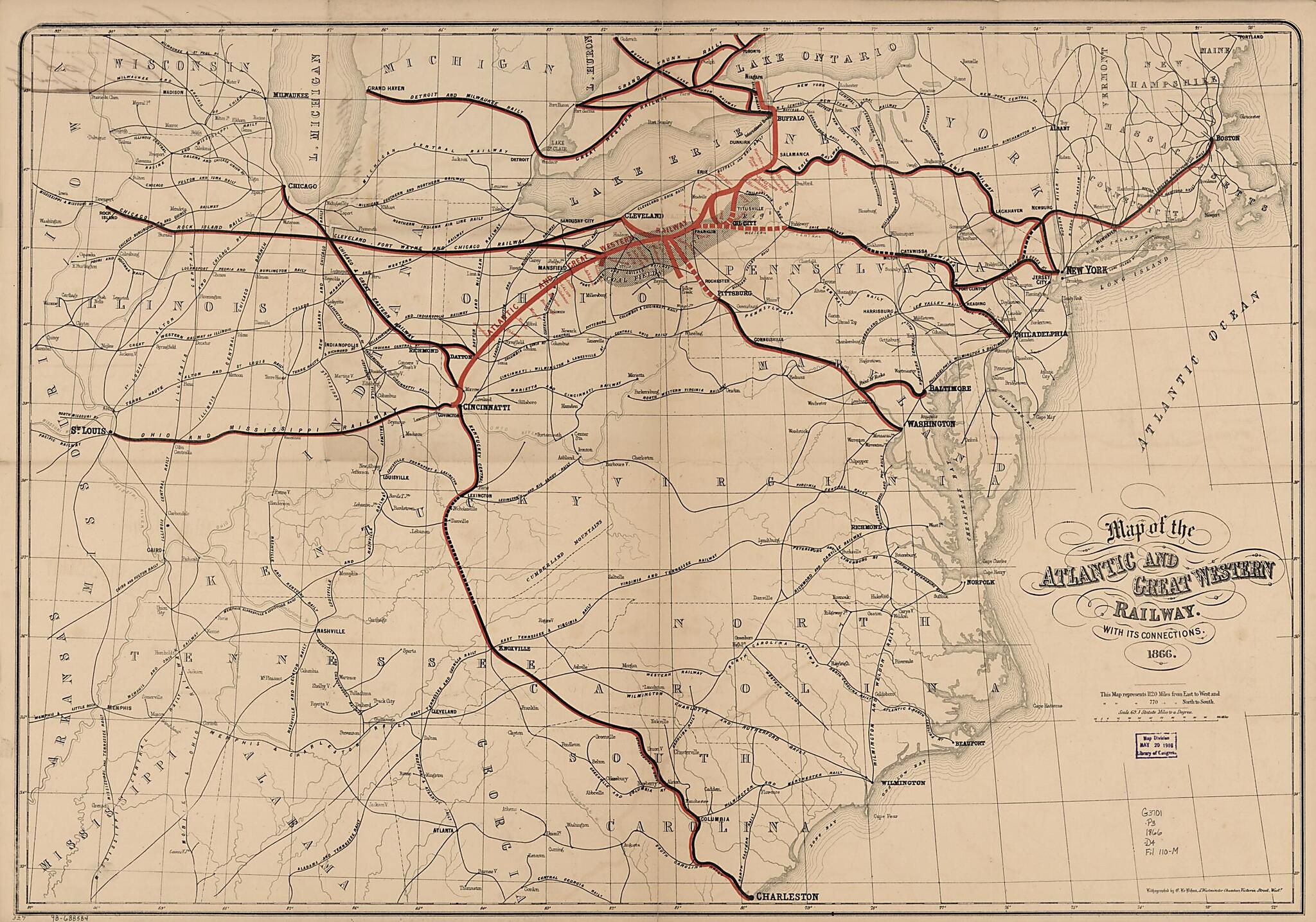 This old map of Map of the Atlantic and Great Western Railway, With Its Connections, from 1866 was created by  Atlantic and Great Western Railway Company, C. De Bihan, Millard Fillmore in 1866