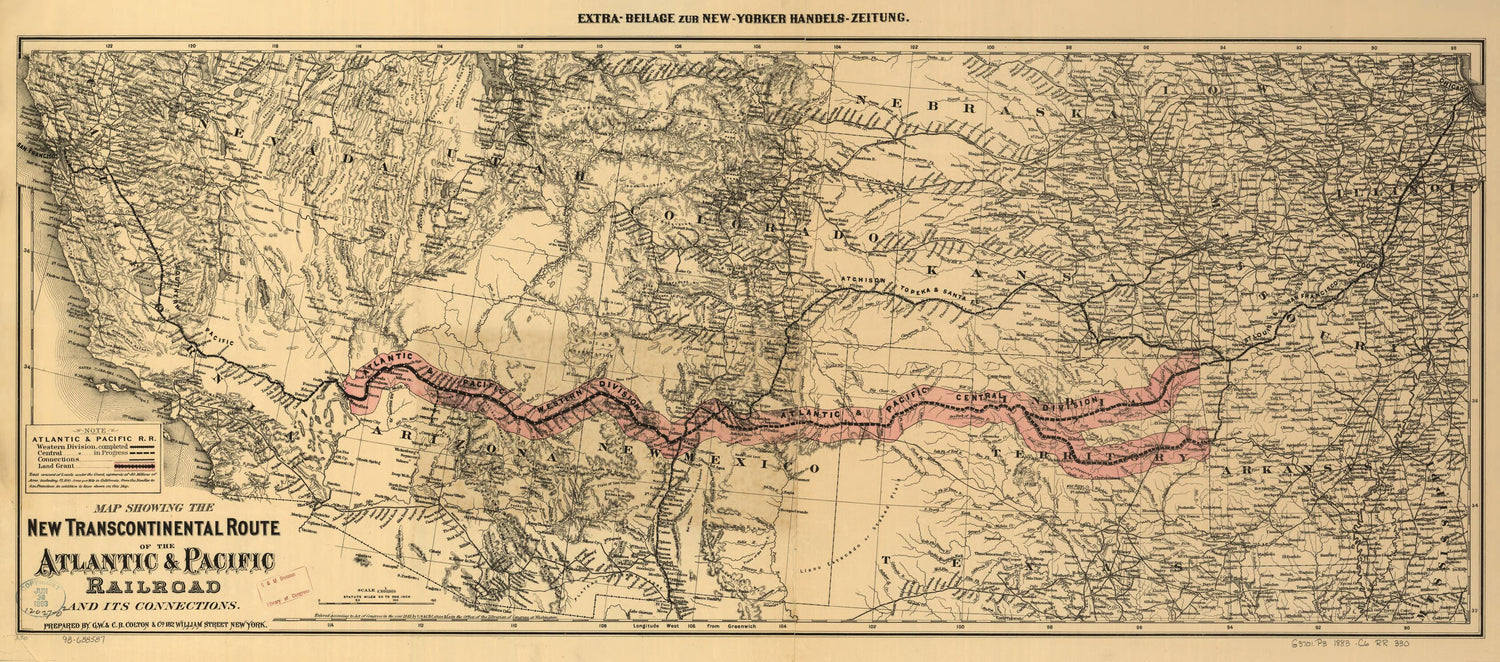 This old map of Map Showing the New Transcontinental Route of the Atlantic &amp; Pacific Railroad and Its Connections from 1883 was created by  Atlantic and Pacific Railroad Company,  Chicago &amp; Pacific Railroad,  G.W. &amp; C.B. Colton &amp; Co in 1883