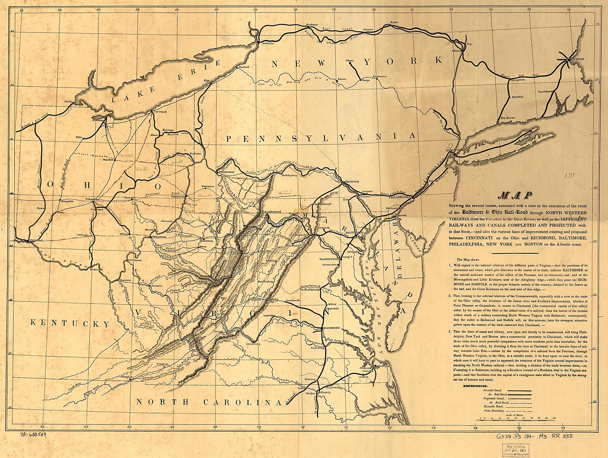This old map of Road Through North Western Virginia from the Potomac to the Ohio River; As Well As the Different Railways and Canals Completed and Projected Within That State,--and Also the Various Lines of Improvement Existing and Proposed Between Cinci